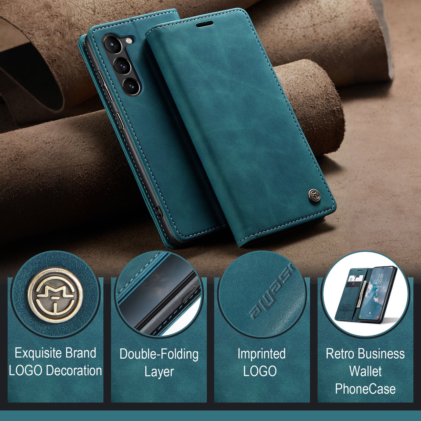 CASEME 013 Series For Samsung Galaxy S24 Case Anti-drop PU Leather Stand Cellphone Protector - Blue
