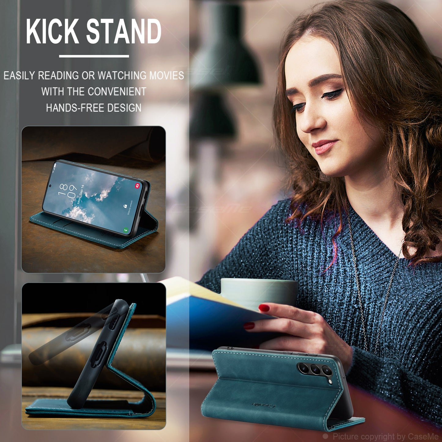 CASEME 013 Series For Samsung Galaxy S24 Case Anti-drop PU Leather Stand Cellphone Protector - Blue