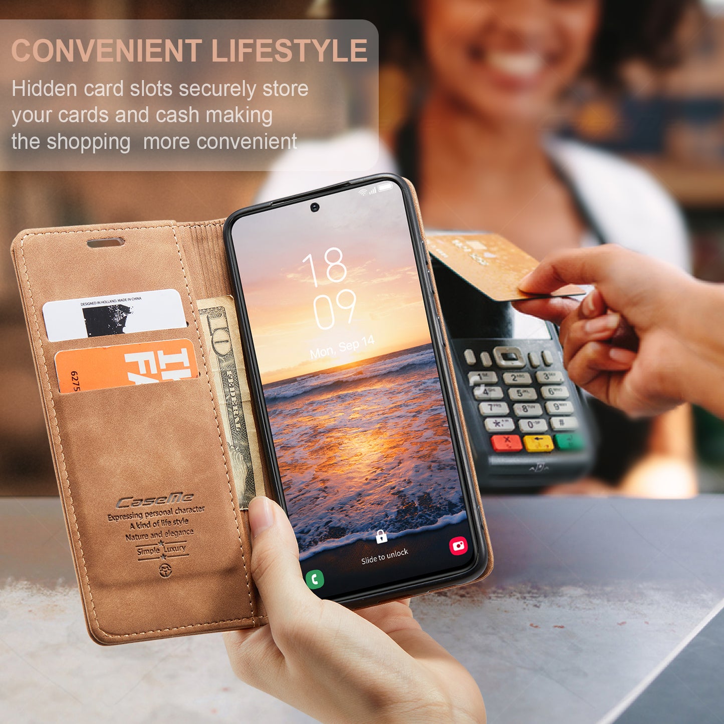 CASEME 013 Series For Samsung Galaxy S24 Case Anti-drop PU Leather Stand Cellphone Protector - Brown