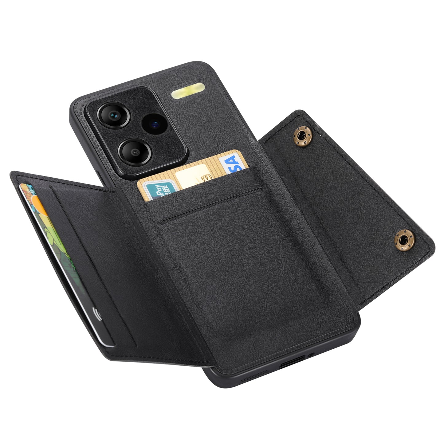 For Xiaomi Redmi Note 13 Pro+ 5G Case Kickstand Leather Coated TPU Phone Cover with Card Holder - Black