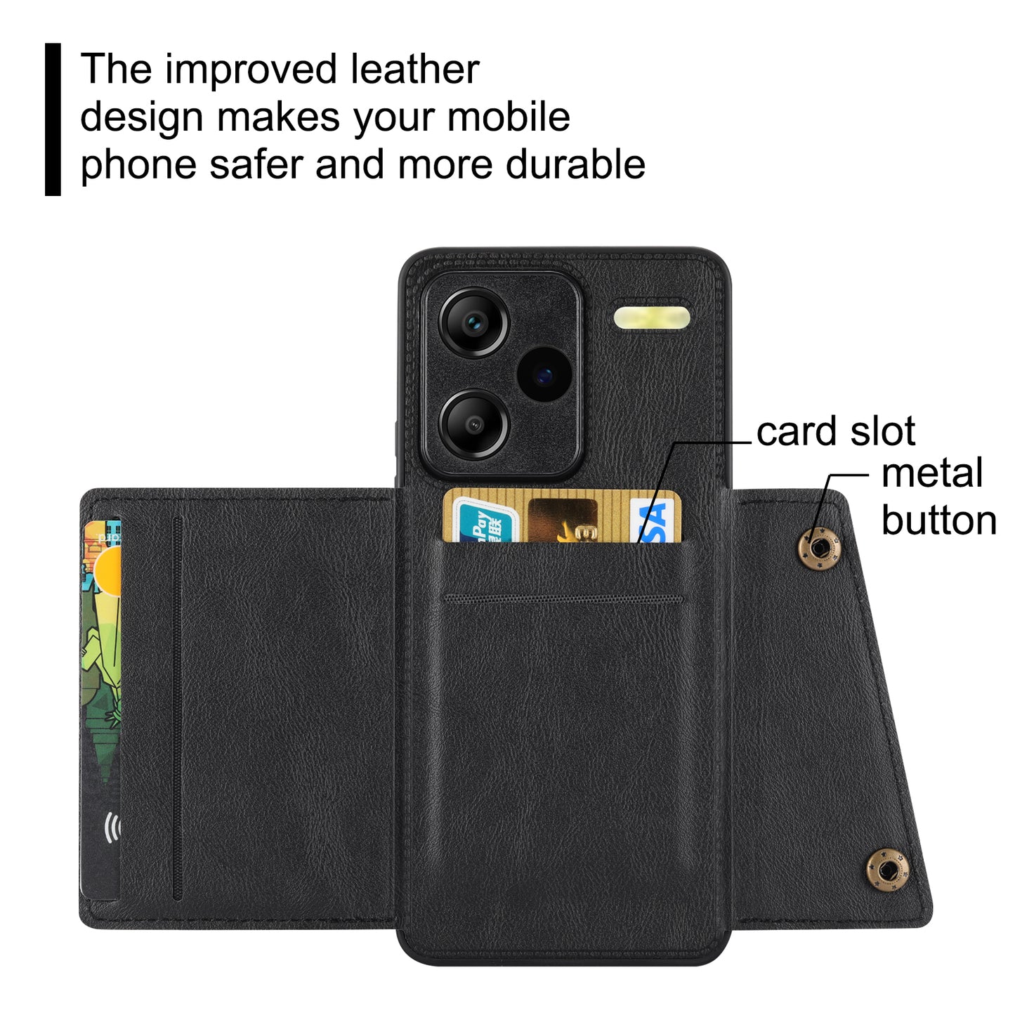 For Xiaomi Redmi Note 13 Pro+ 5G Case Kickstand Leather Coated TPU Phone Cover with Card Holder - Black