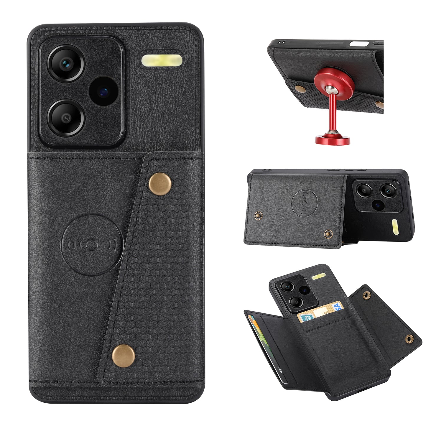 For Xiaomi Redmi Note 13 Pro+ 5G Case Kickstand Leather Coated TPU Phone Cover with Card Holder - Black