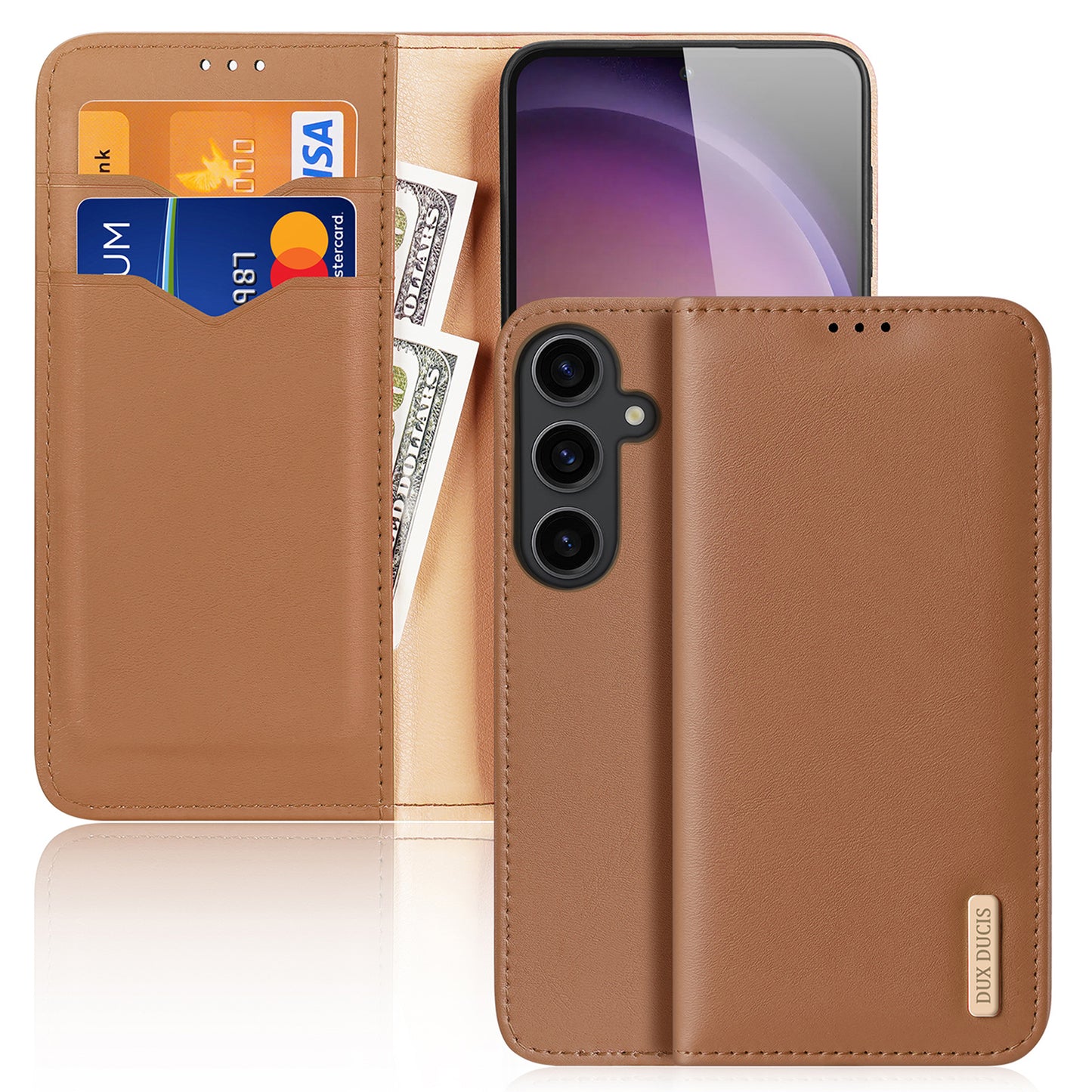 DUX DUCIS Hivo Series for Samsung Galaxy S24 Case Cowhide Leather Stand Phone Wallet Cover - Brown