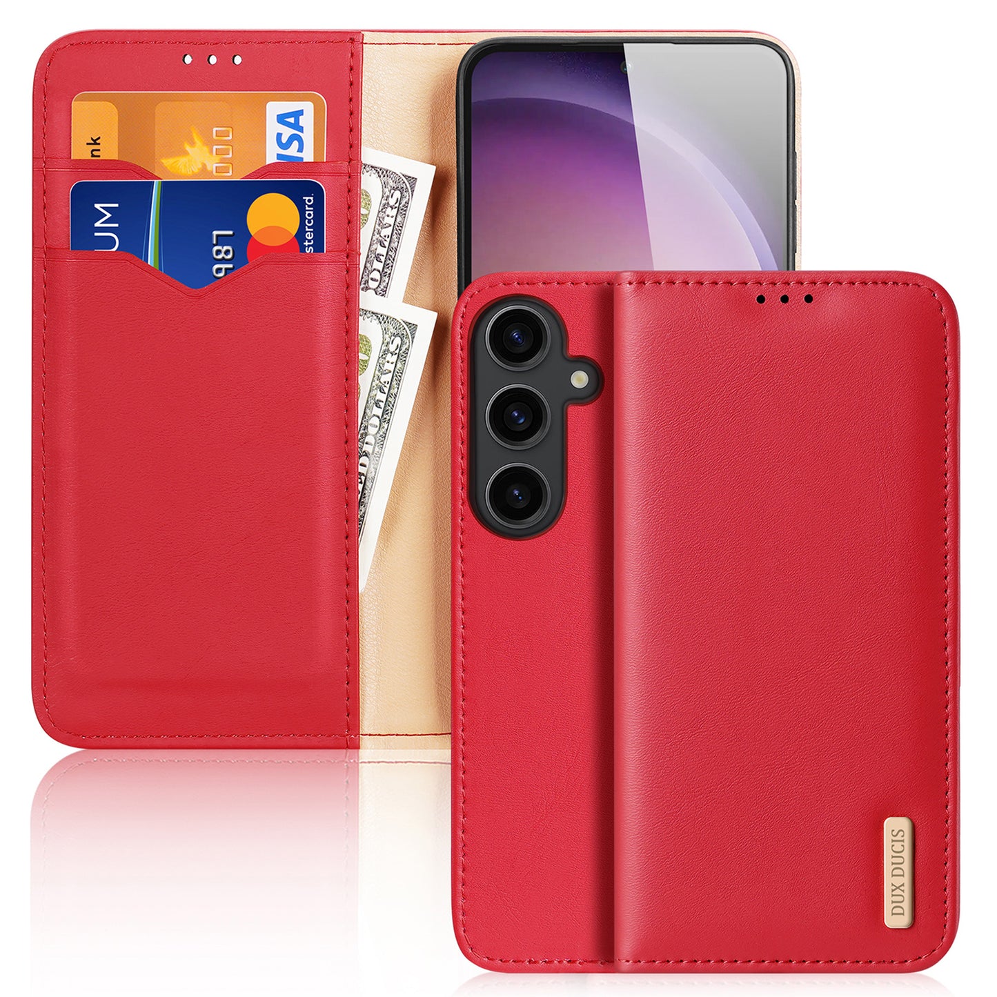 DUX DUCIS Hivo Series for Samsung Galaxy S24 Case Cowhide Leather Stand Phone Wallet Cover - Red