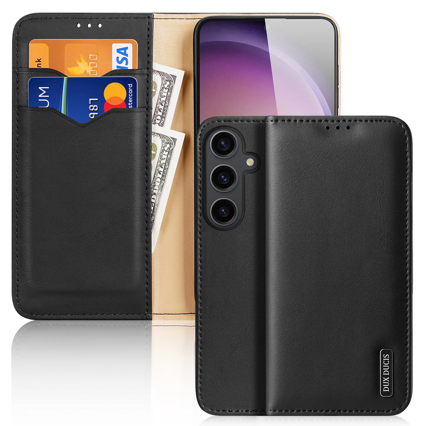 DUX DUCIS Hivo Series for Samsung Galaxy S24+ Case RFID Blocking Cowhide Leather Wallet Cover - Black