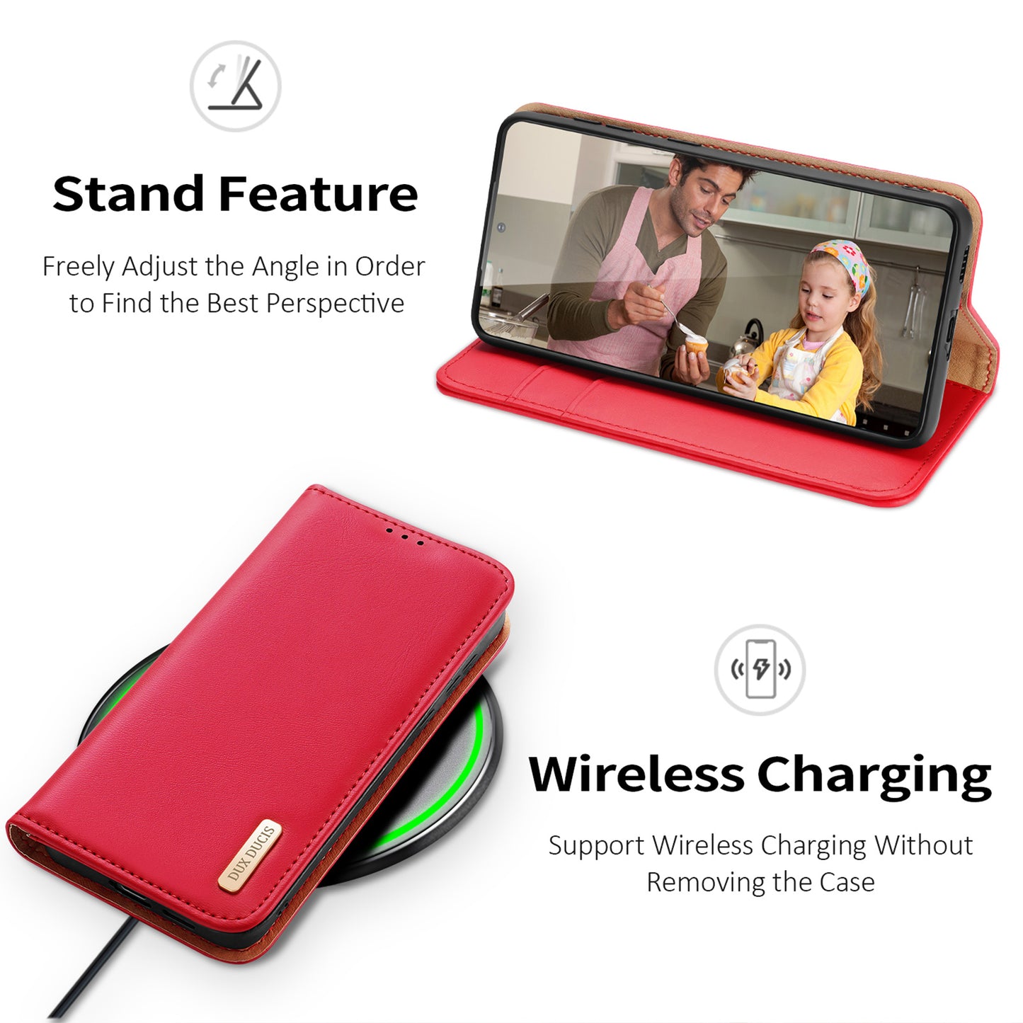 DUX DUCIS Hivo Series for Samsung Galaxy S24+ Case RFID Blocking Cowhide Leather Wallet Cover - Red