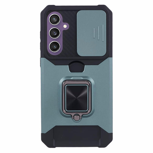 For Samsung Galaxy S24 Case with Slide Camera Cover Kickstand Phone Protector - Blackish Green