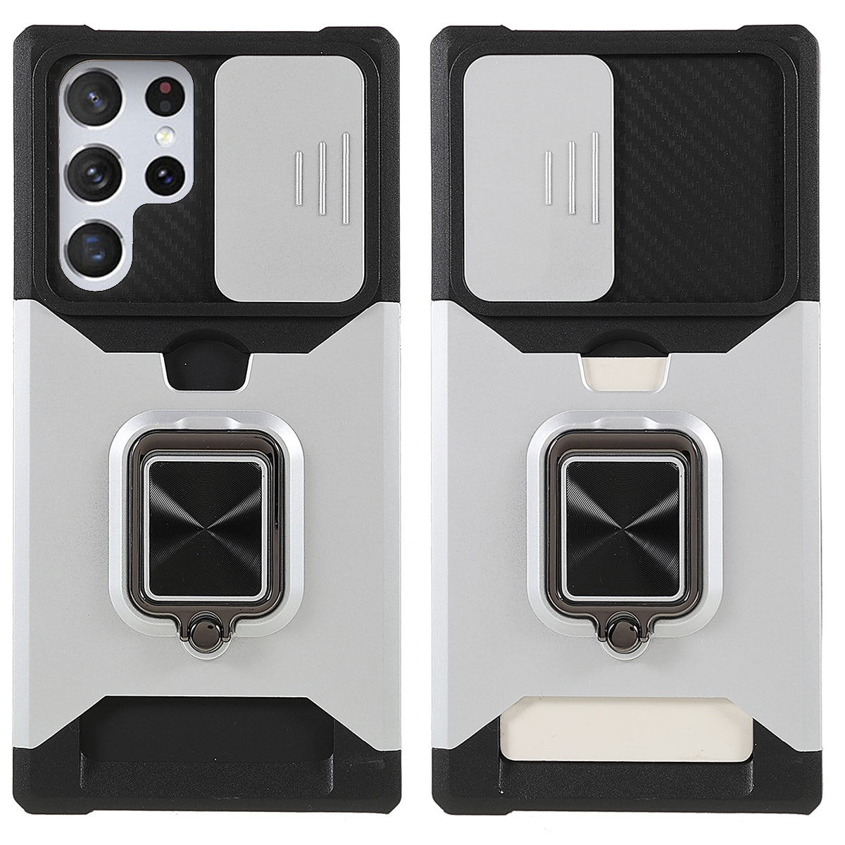 For Samsung Galaxy S24 Ultra Phone Case PC+TPU Kickstand Cover with Card Holder - Silver