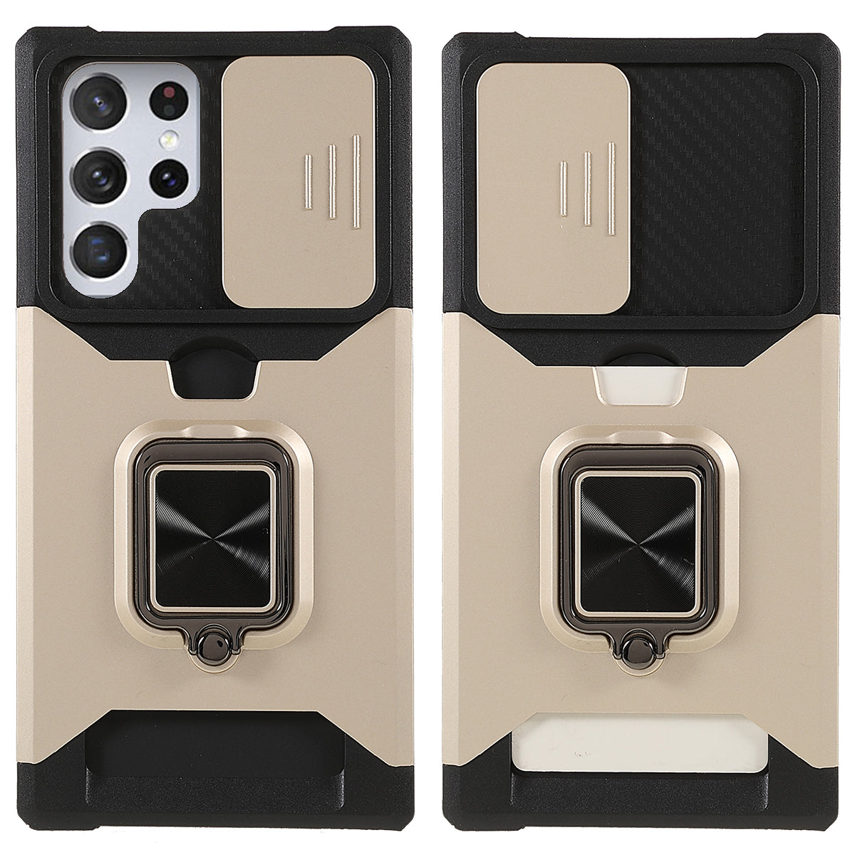 For Samsung Galaxy S24 Ultra Phone Case PC+TPU Kickstand Cover with Card Holder - Gold