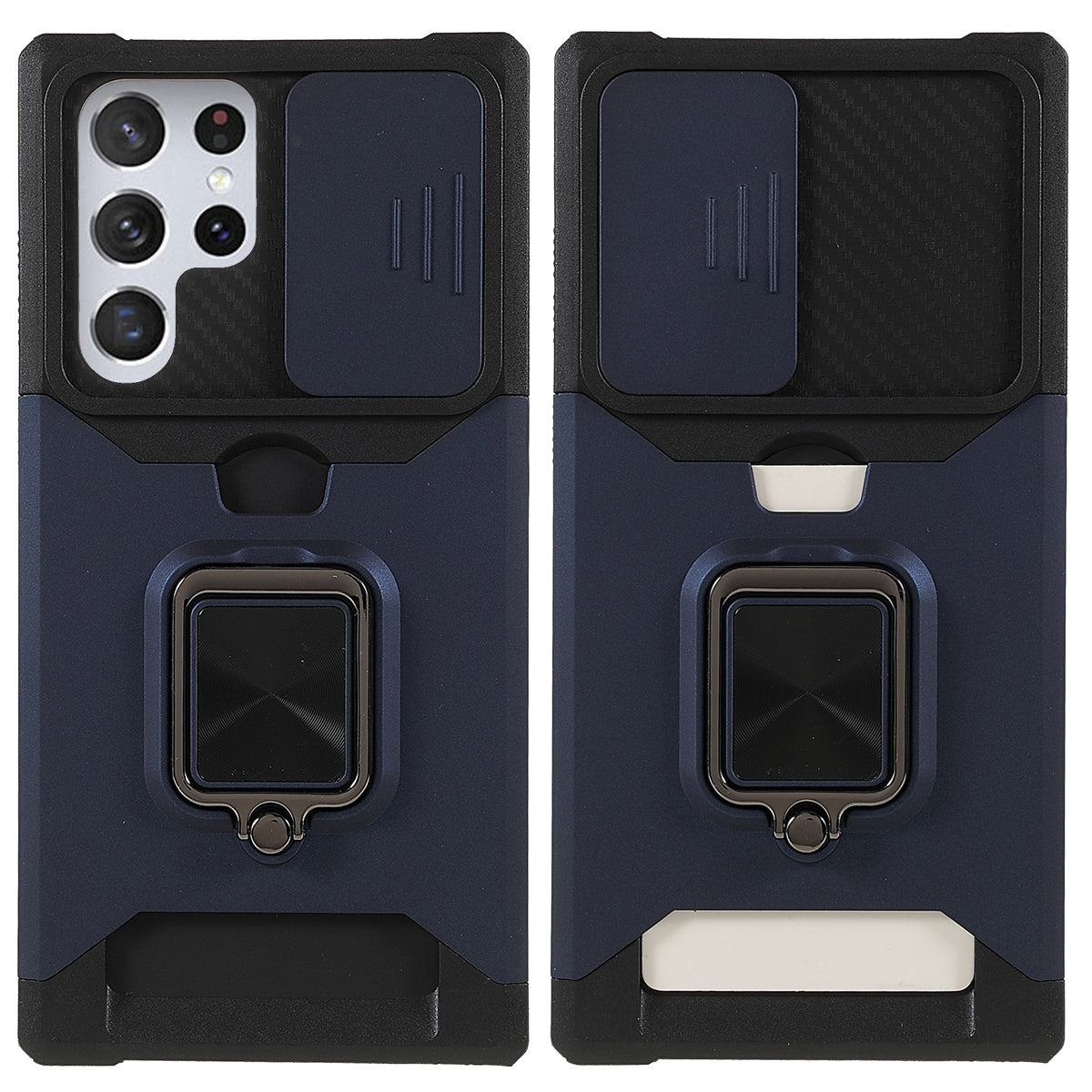For Samsung Galaxy S24 Ultra Phone Case PC+TPU Kickstand Cover with Card Holder - Navy Blue