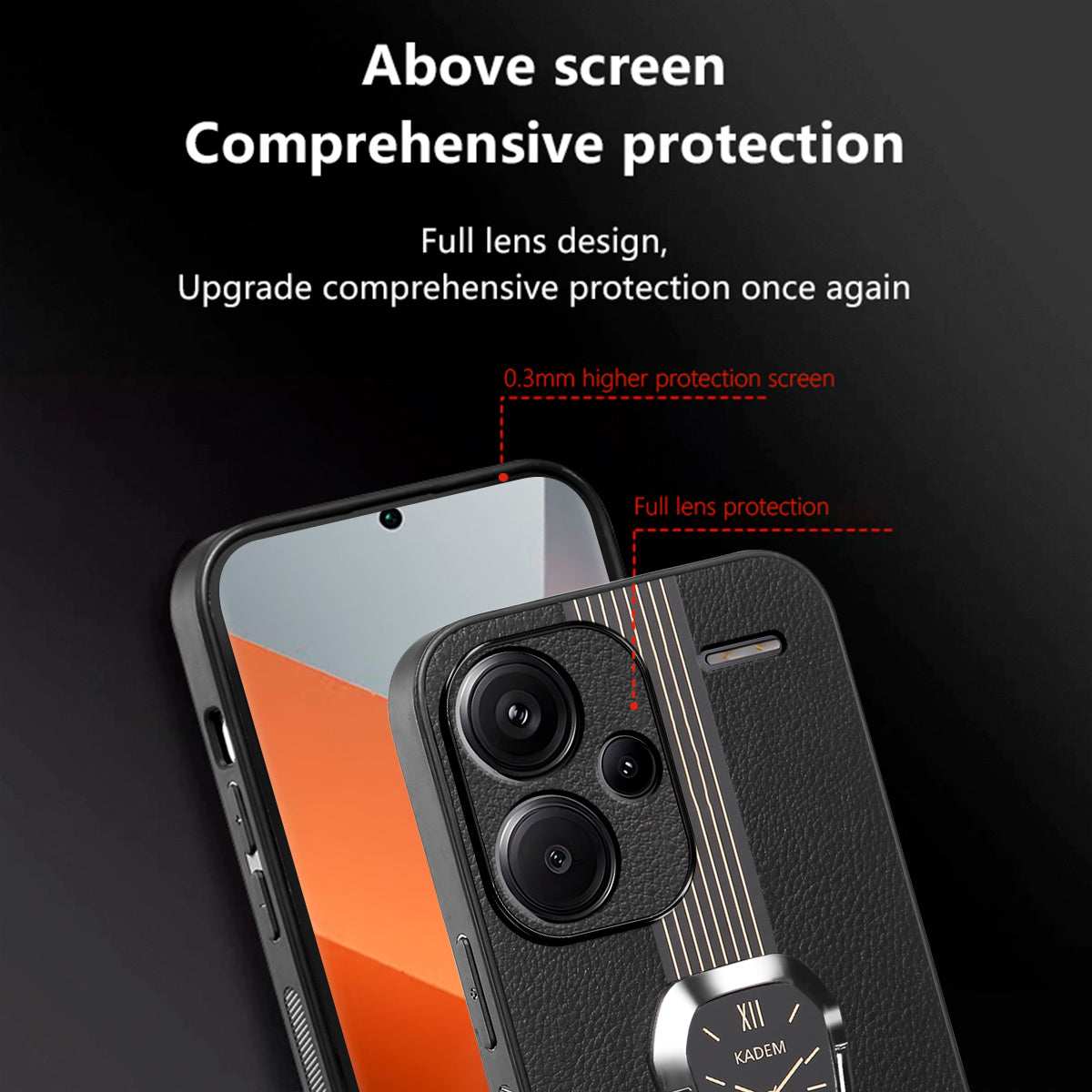 KADEM For Xiaomi Redmi Note 13 Pro+ Case Back Guard PU Leather+TPU+Acrylic Phone Cover - Black