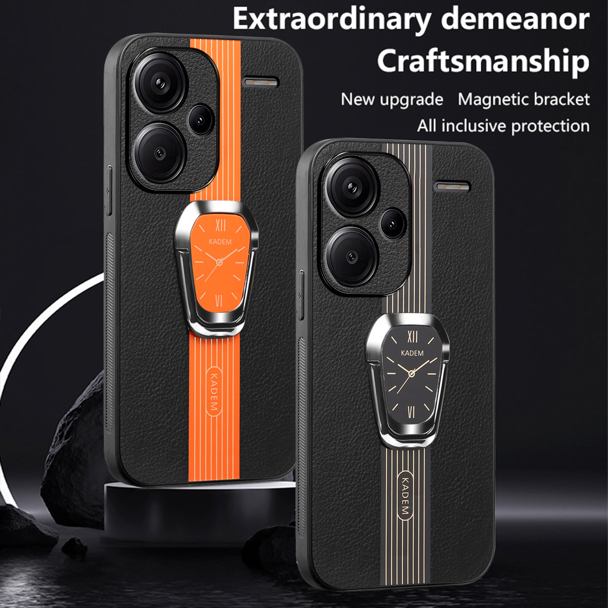 KADEM For Xiaomi Redmi Note 13 Pro+ Case Back Guard PU Leather+TPU+Acrylic Phone Cover - Black