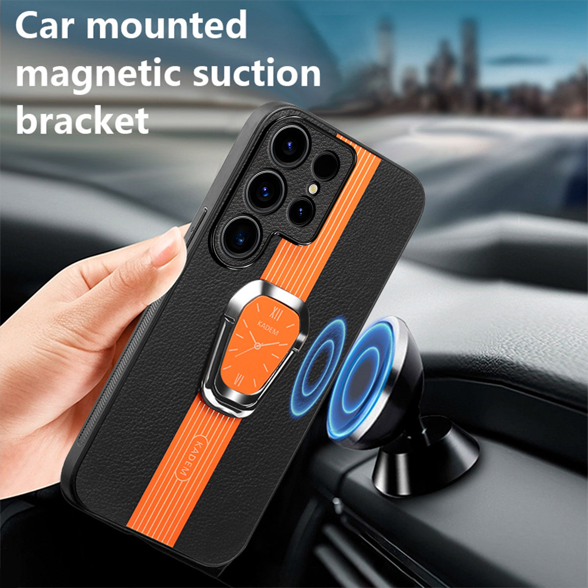 KADEM For Samsung Galaxy S24 Ultra Case Folding Kickstand PU Leather+TPU+Acrylic Cover - Orange
