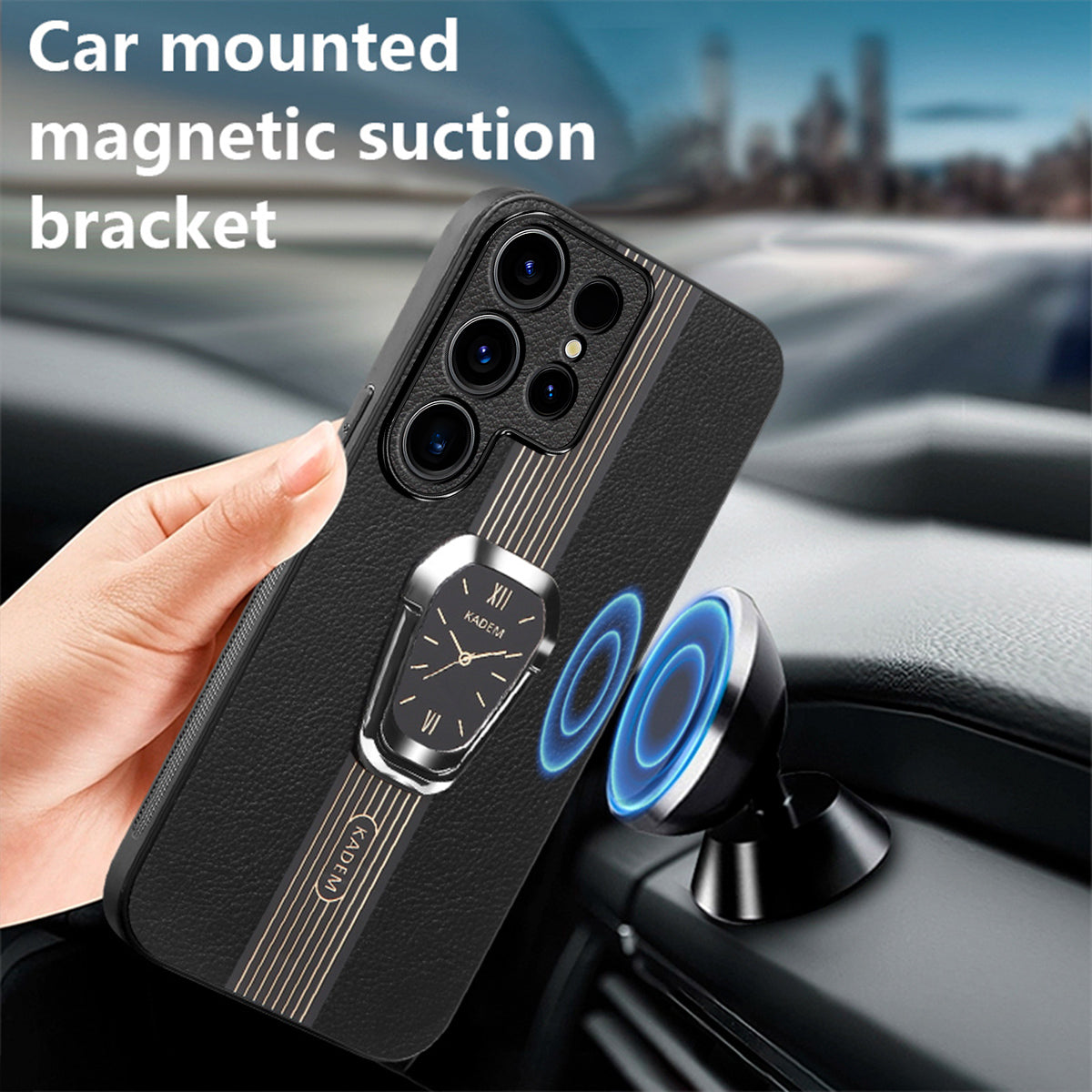 KADEM For Samsung Galaxy S24 Ultra Case Folding Kickstand PU Leather+TPU+Acrylic Cover - Black