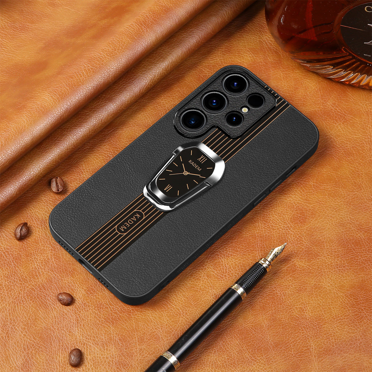 KADEM For Samsung Galaxy S24 Ultra Case Folding Kickstand PU Leather+TPU+Acrylic Cover - Black