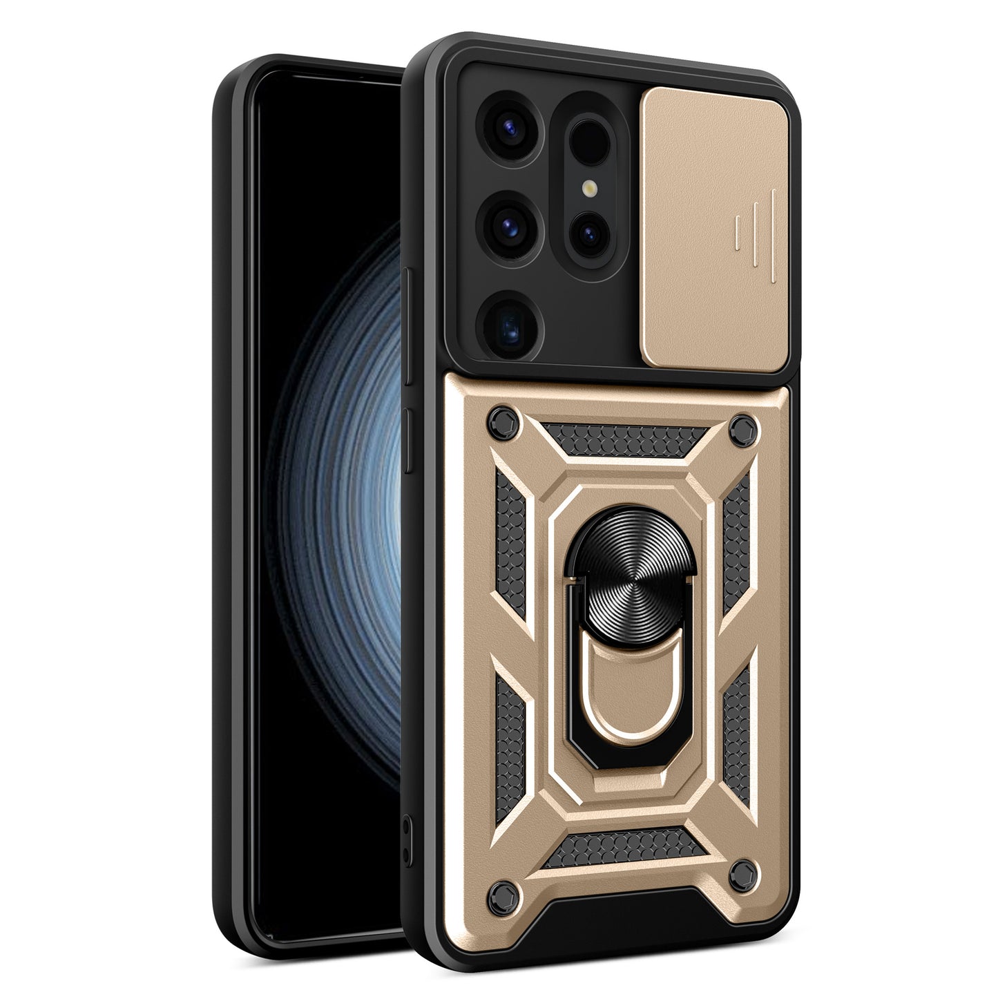 For Samsung Galaxy S24 Ultra Case Kickstand Phone Cover with Slide Lens Protection - Gold