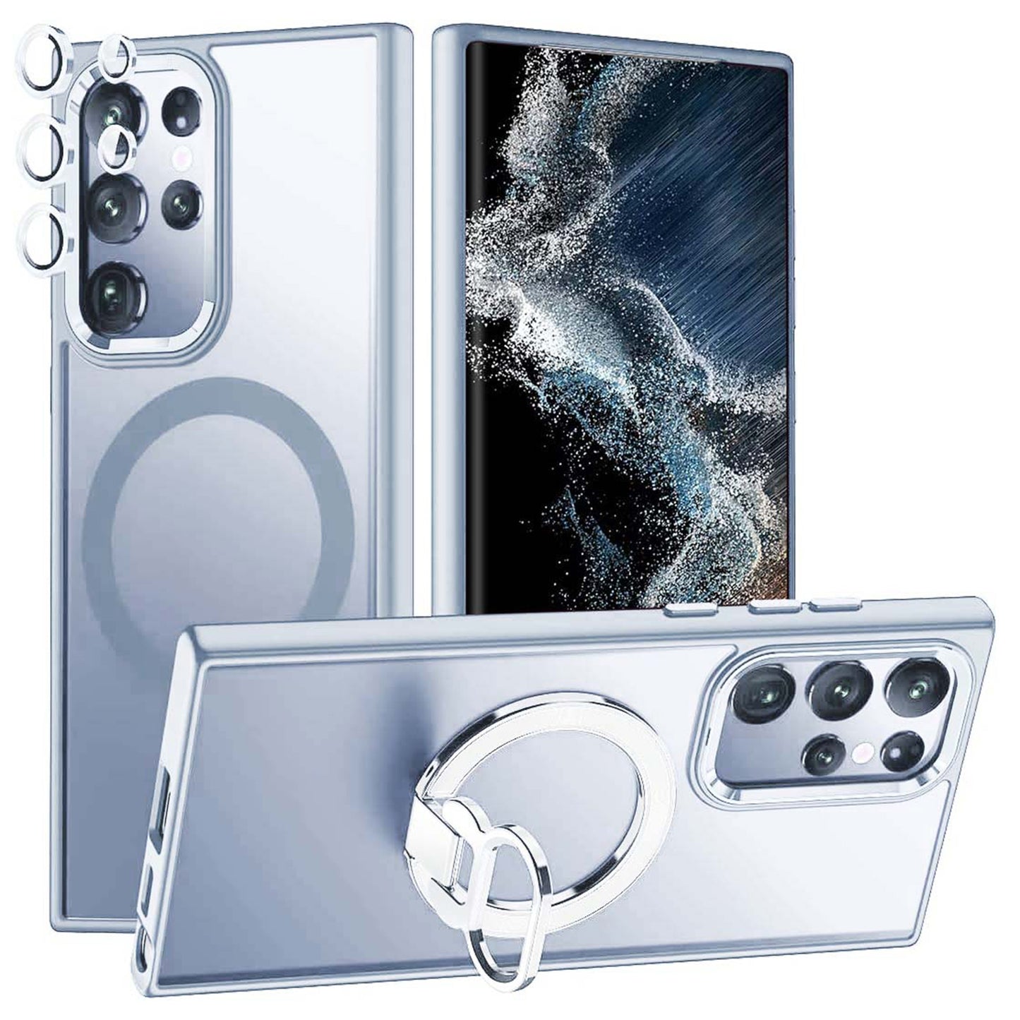 For Samsung Galaxy S24 Ultra Magnetic Case Kickstand Phone Cover with Lens Protector - Blue