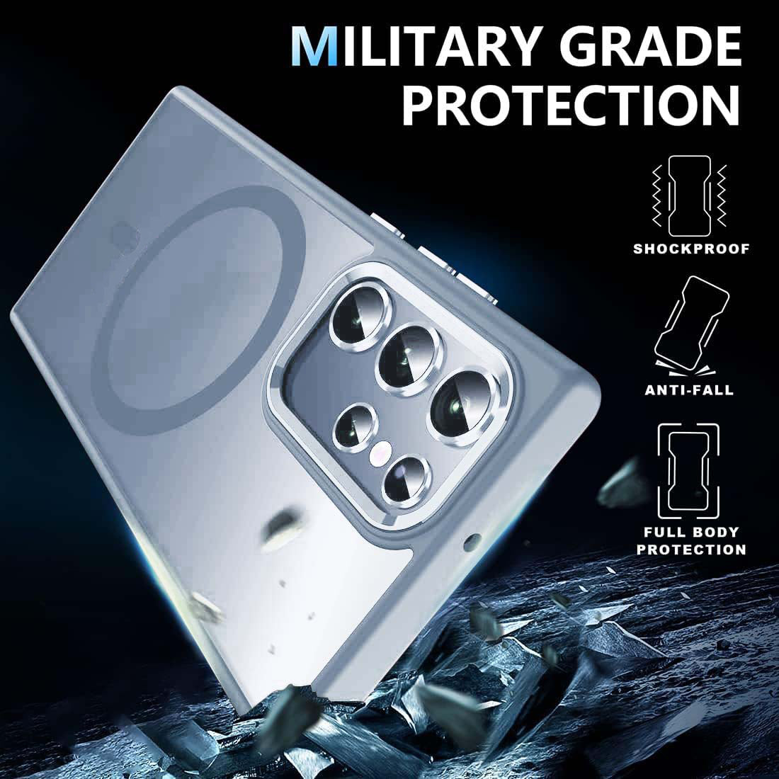 For Samsung Galaxy S24 Ultra Magnetic Case Kickstand Phone Cover with Lens Protector - Blue