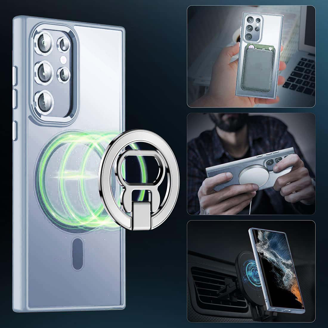 For Samsung Galaxy S24 Ultra Magnetic Case Kickstand Phone Cover with Lens Protector - Blue