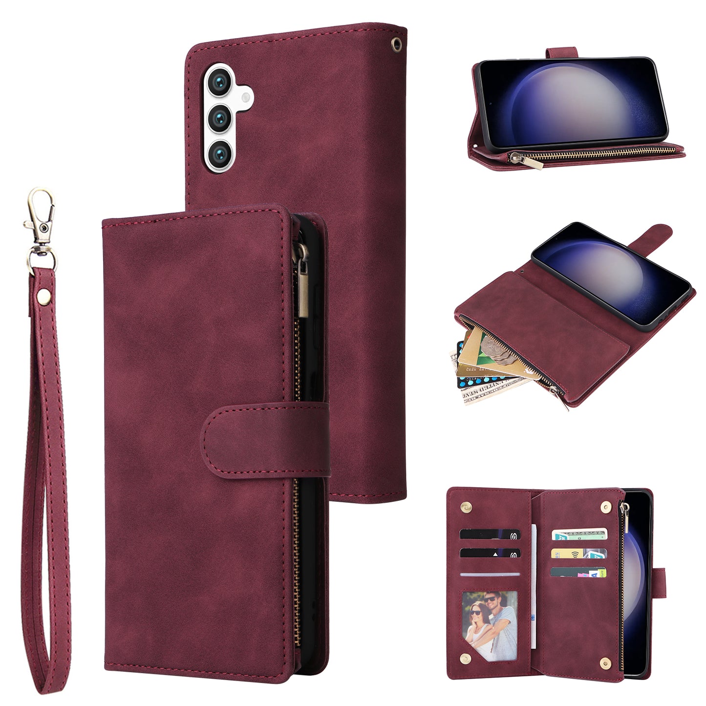 For Samsung Galaxy S24 Case PU Leather Wallet Cover with Multiple Card Slots - Wine Red
