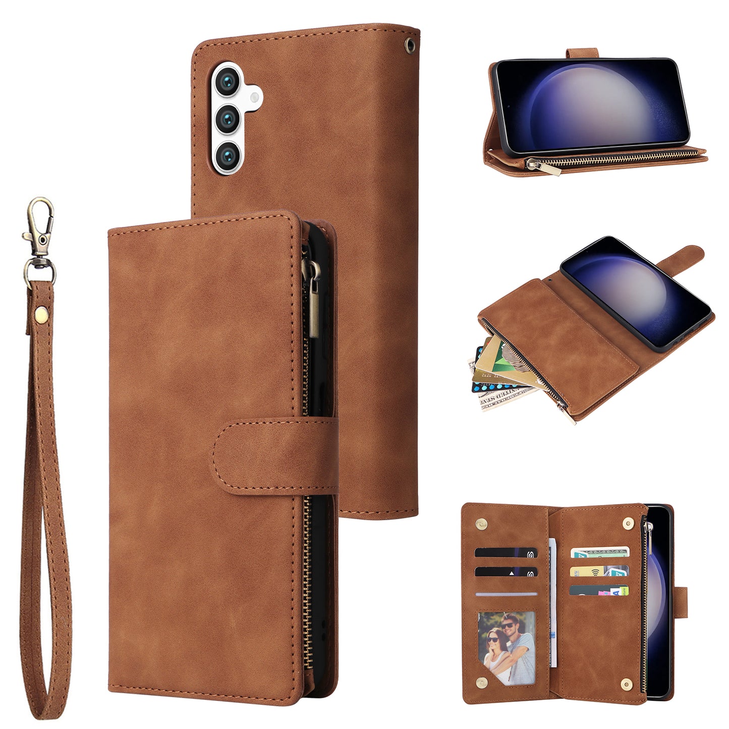 For Samsung Galaxy S24 Case PU Leather Wallet Cover with Multiple Card Slots - Brown