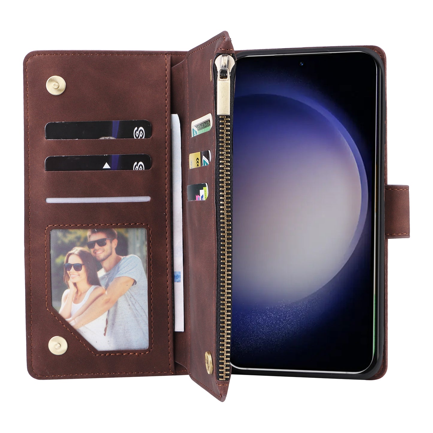 For Samsung Galaxy S24 Case PU Leather Wallet Cover with Multiple Card Slots - Coffee