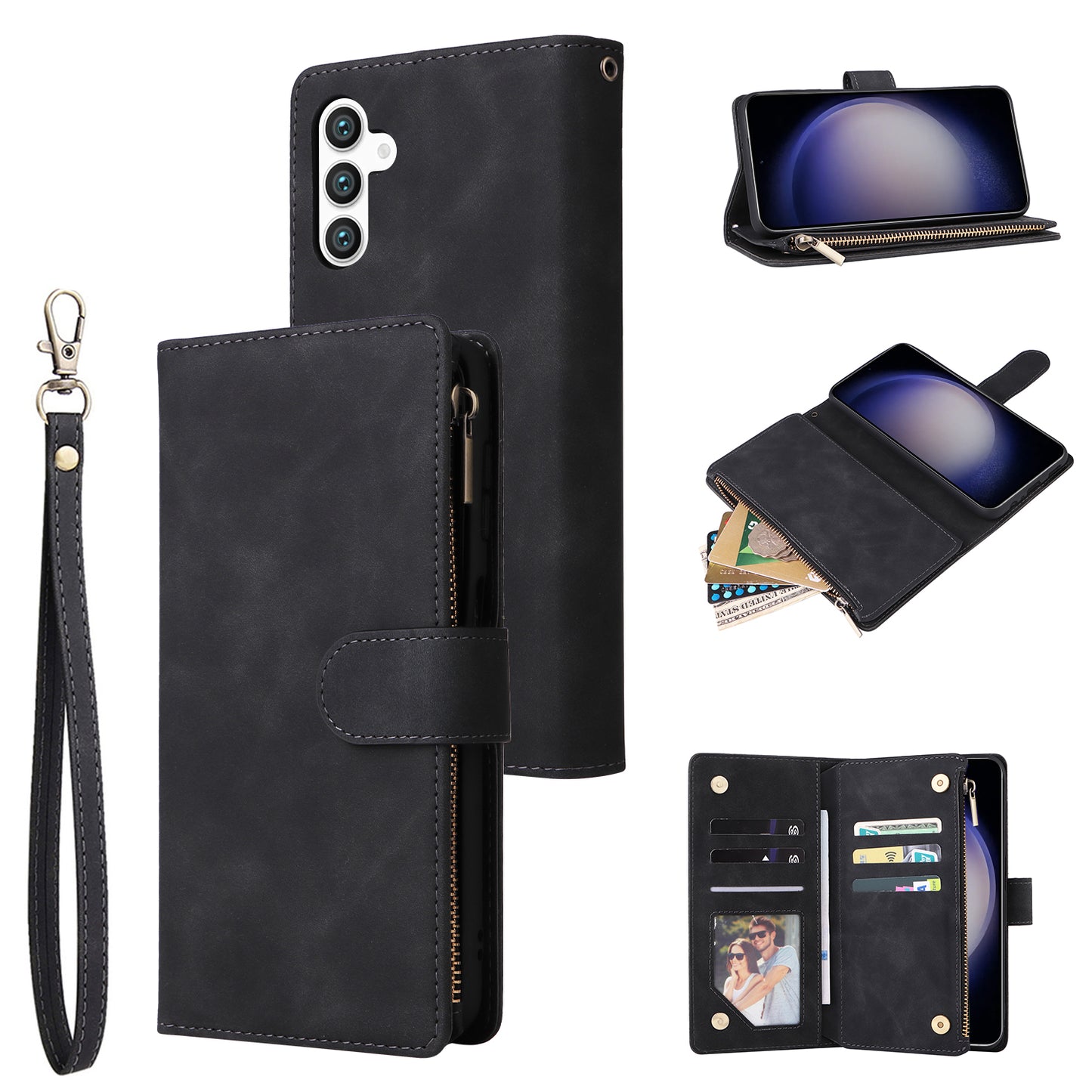 For Samsung Galaxy S24+ Case Multiple Card Slots PU Leather Zipper Pocket Cover - Black
