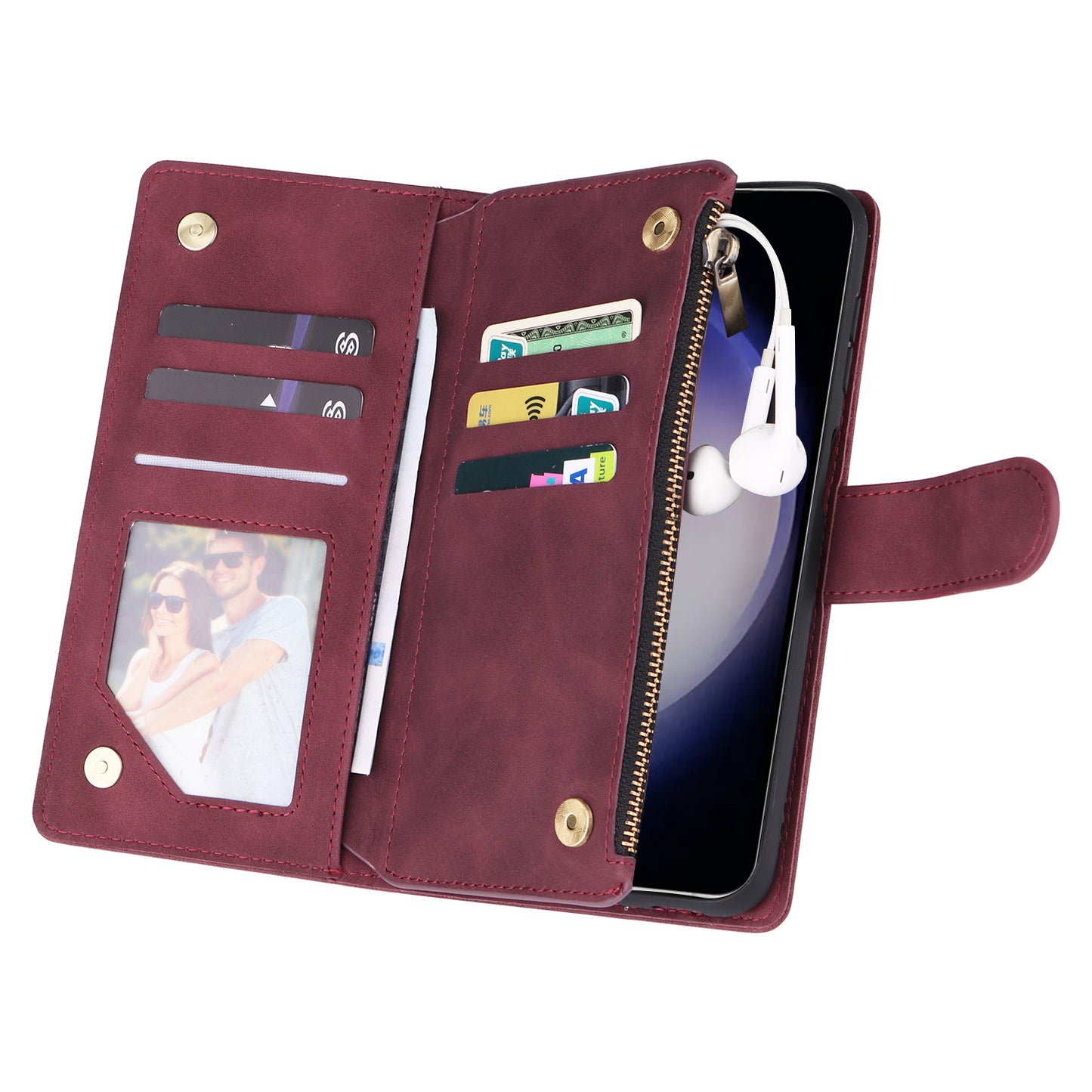 For Samsung Galaxy S24+ Case Multiple Card Slots PU Leather Zipper Pocket Cover - Wine Red