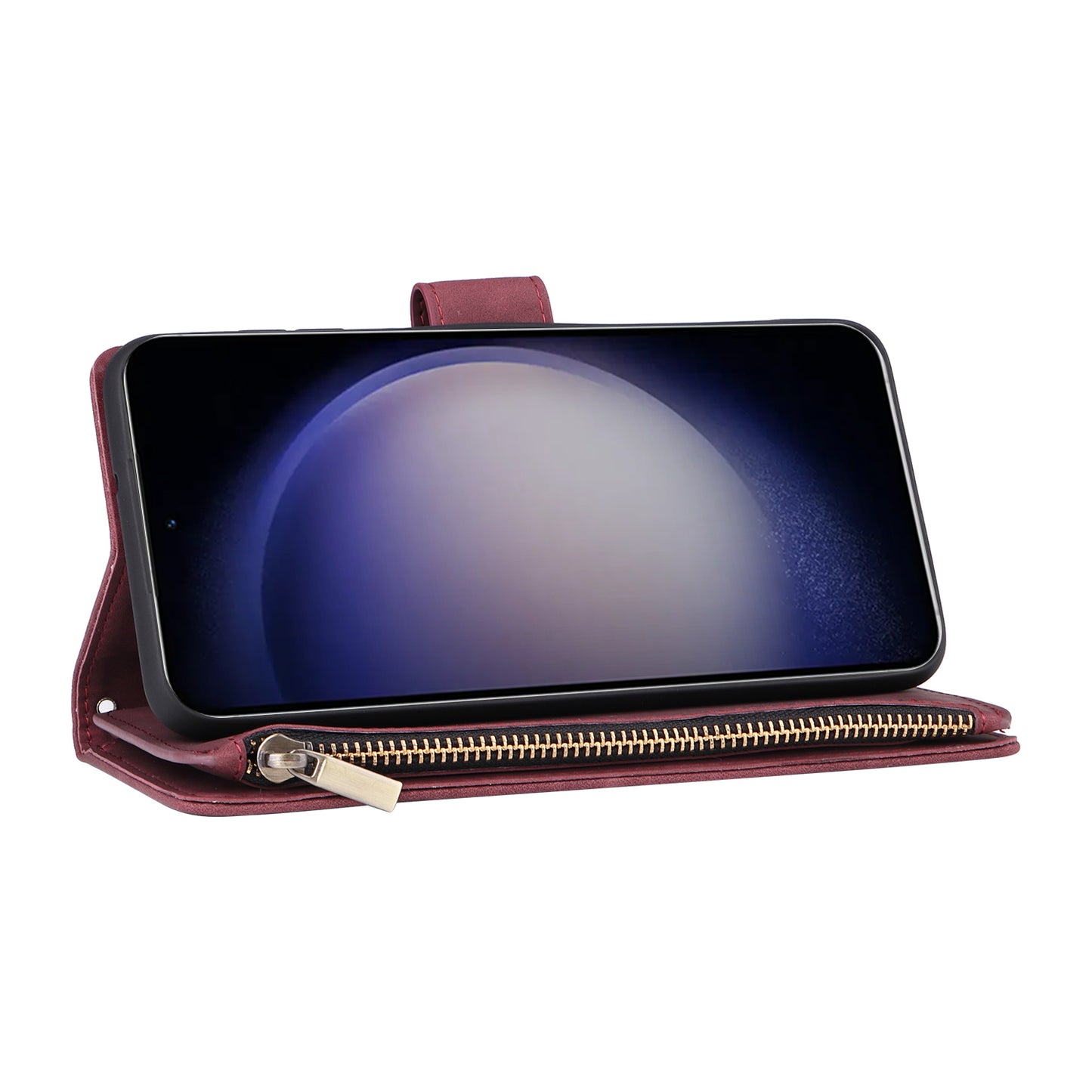 For Samsung Galaxy S24+ Case Multiple Card Slots PU Leather Zipper Pocket Cover - Wine Red