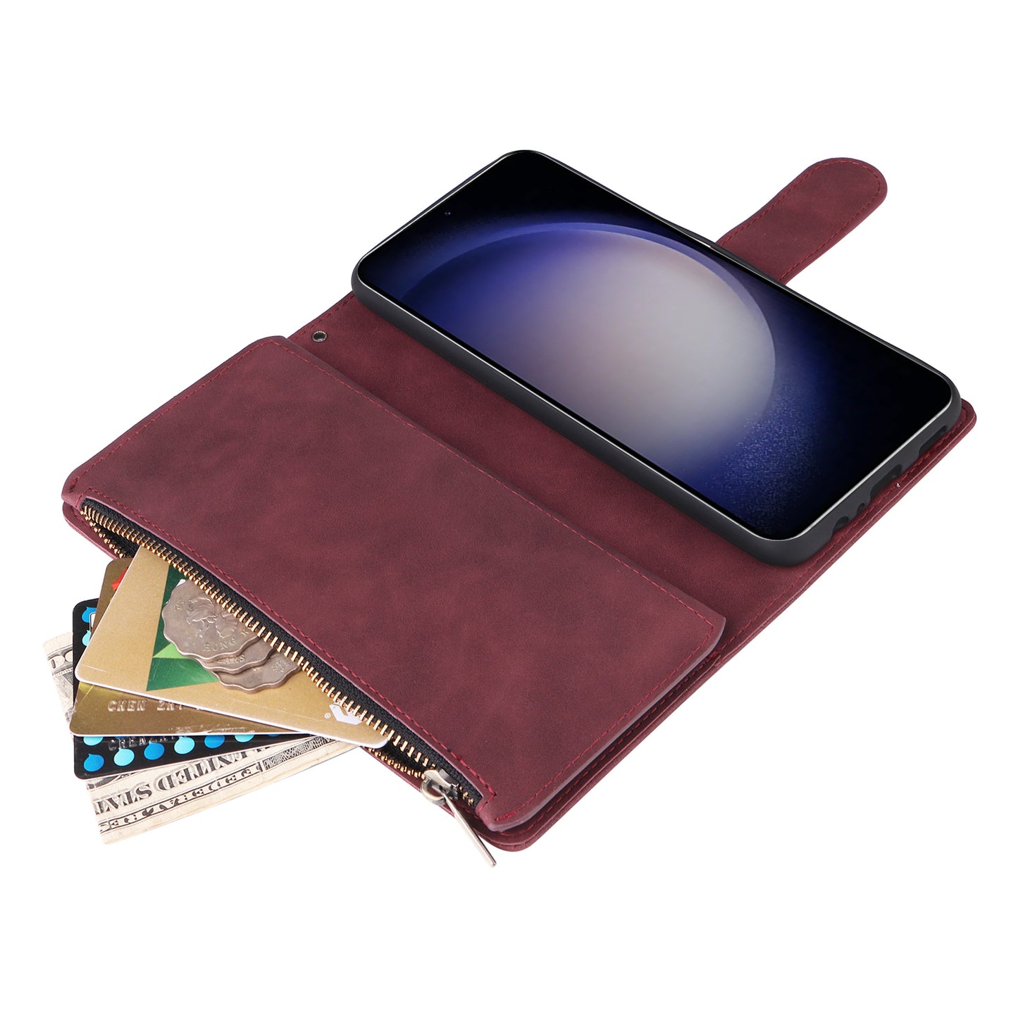 For Samsung Galaxy S24+ Case Multiple Card Slots PU Leather Zipper Pocket Cover - Wine Red