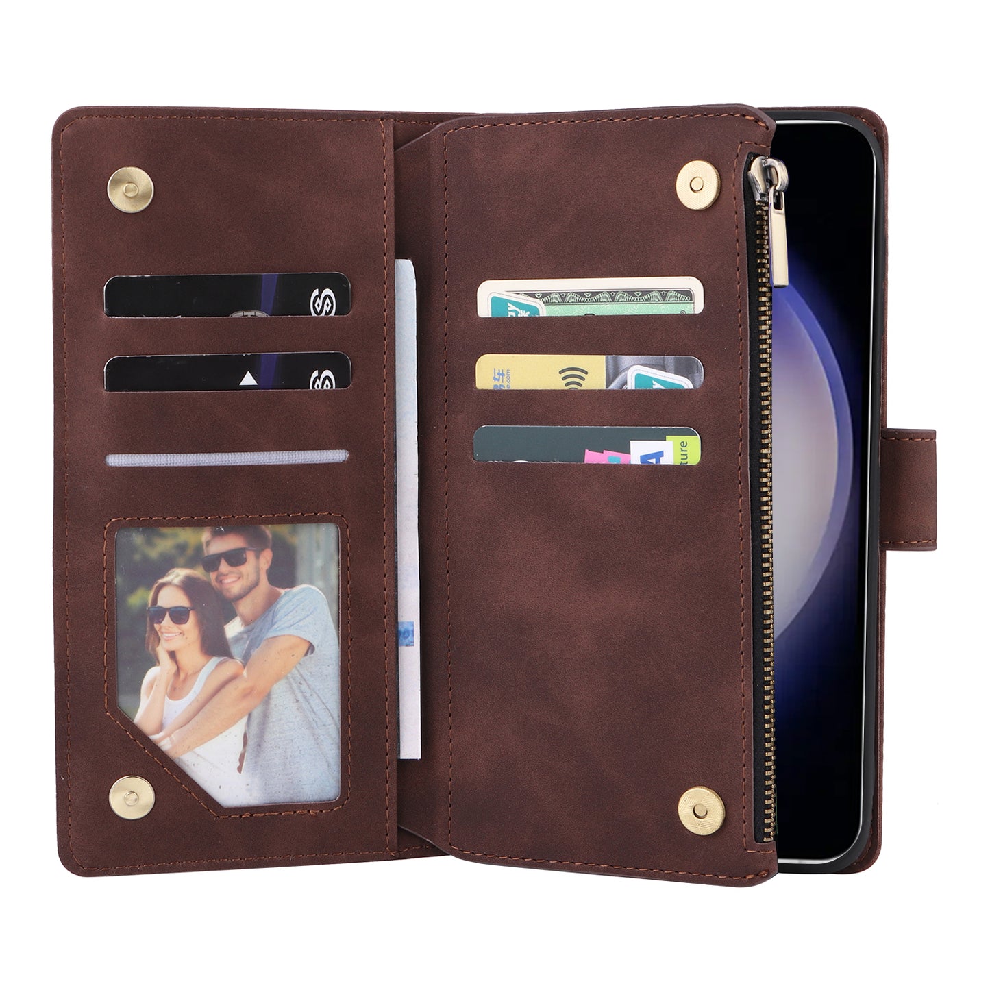 For Samsung Galaxy S24+ Case Multiple Card Slots PU Leather Zipper Pocket Cover - Coffee