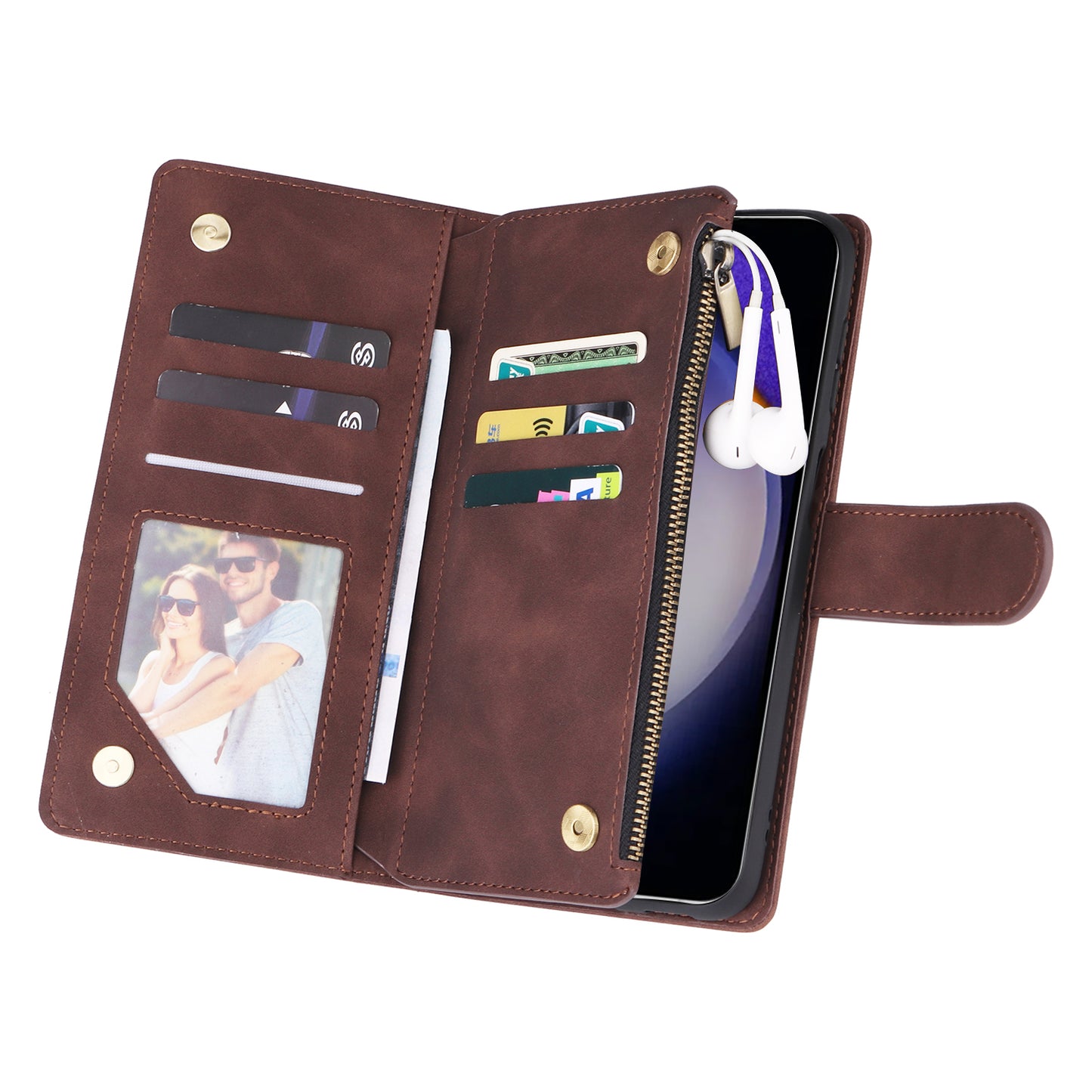 For Samsung Galaxy S24+ Case Multiple Card Slots PU Leather Zipper Pocket Cover - Coffee