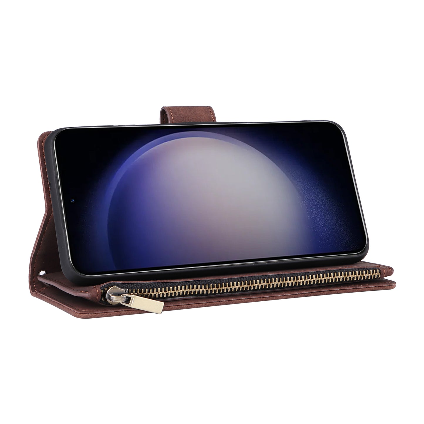 For Samsung Galaxy S24+ Case Multiple Card Slots PU Leather Zipper Pocket Cover - Coffee