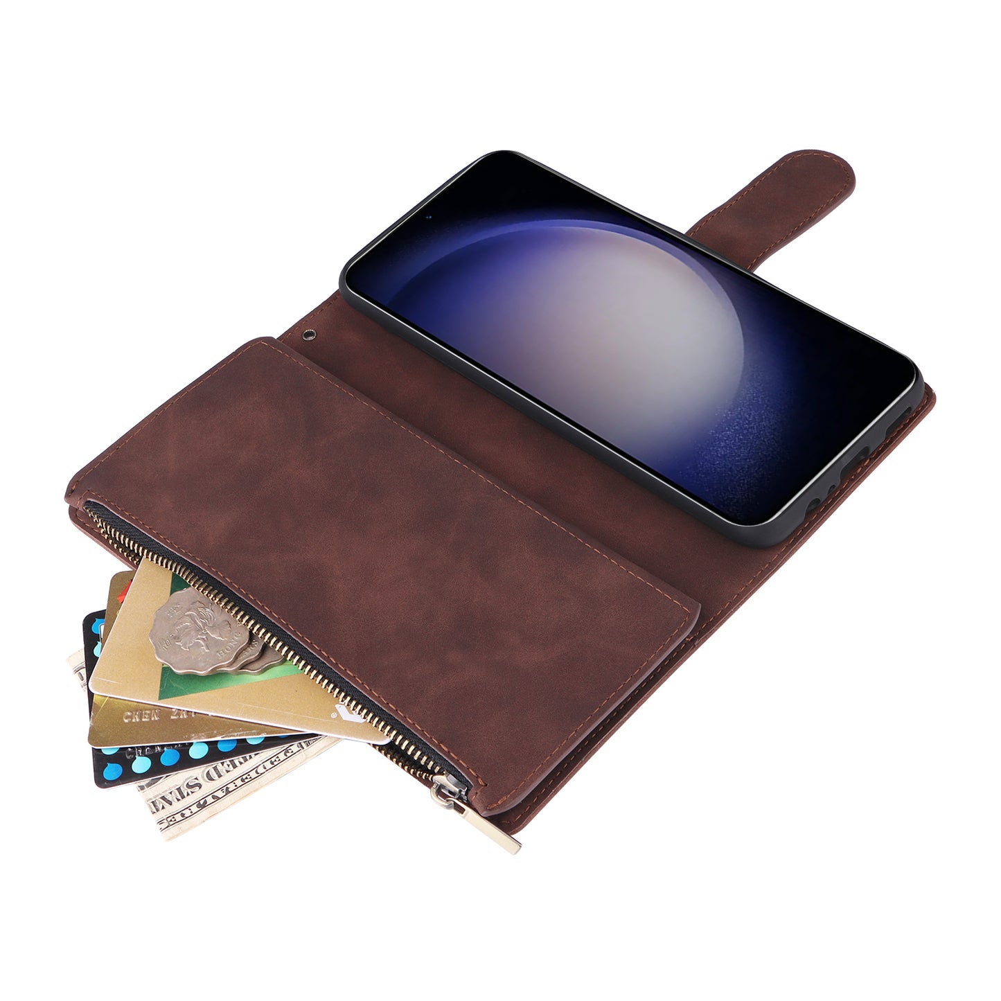 For Samsung Galaxy S24+ Case Multiple Card Slots PU Leather Zipper Pocket Cover - Coffee