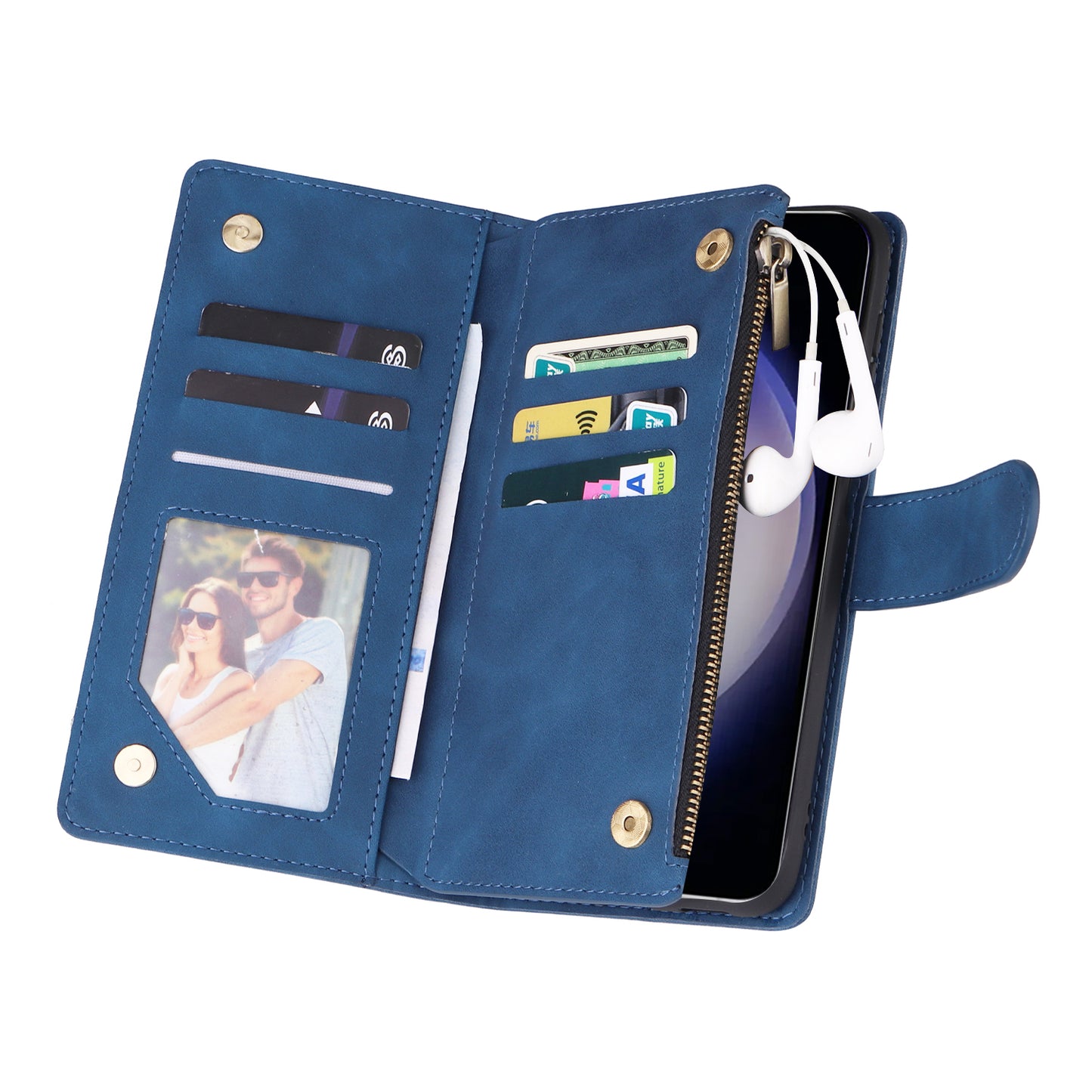 For Samsung Galaxy S24+ Case Multiple Card Slots PU Leather Zipper Pocket Cover - Blue