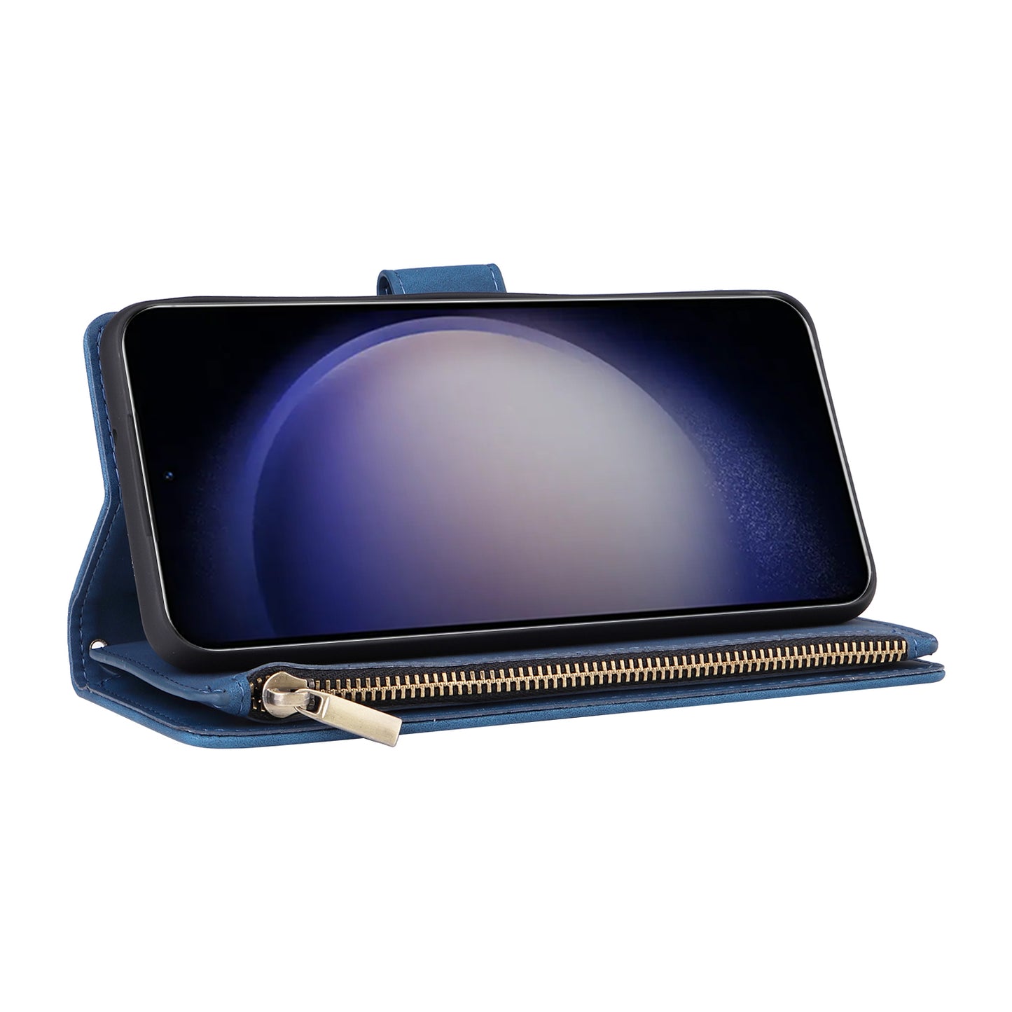 For Samsung Galaxy S24+ Case Multiple Card Slots PU Leather Zipper Pocket Cover - Blue