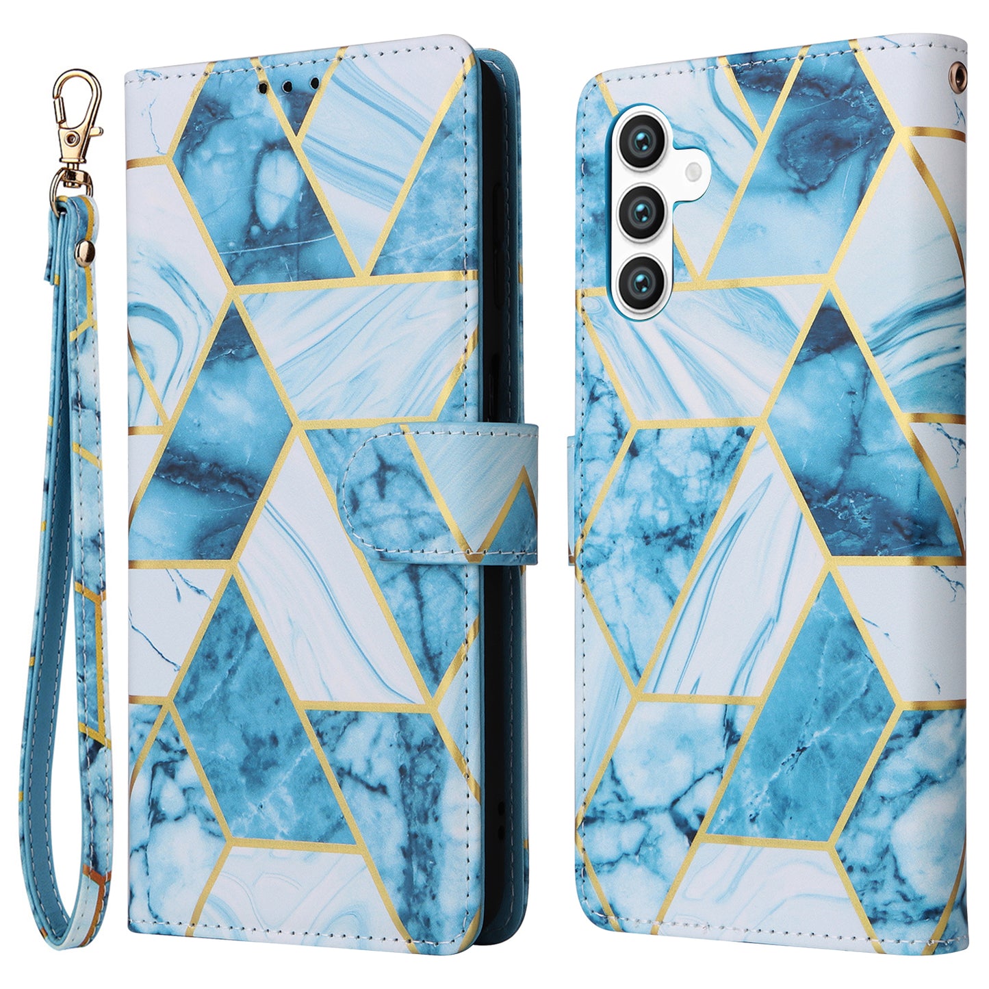 For Samsung Galaxy S24 Case PU Leather Marble Pattern Phone Wallet Cover - Blue