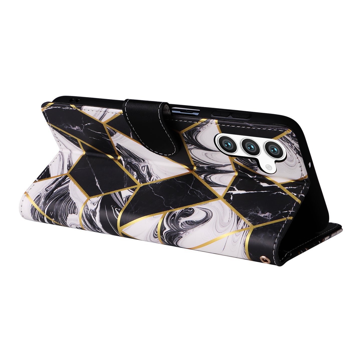 For Samsung Galaxy S24 Case PU Leather Marble Pattern Phone Wallet Cover - Black