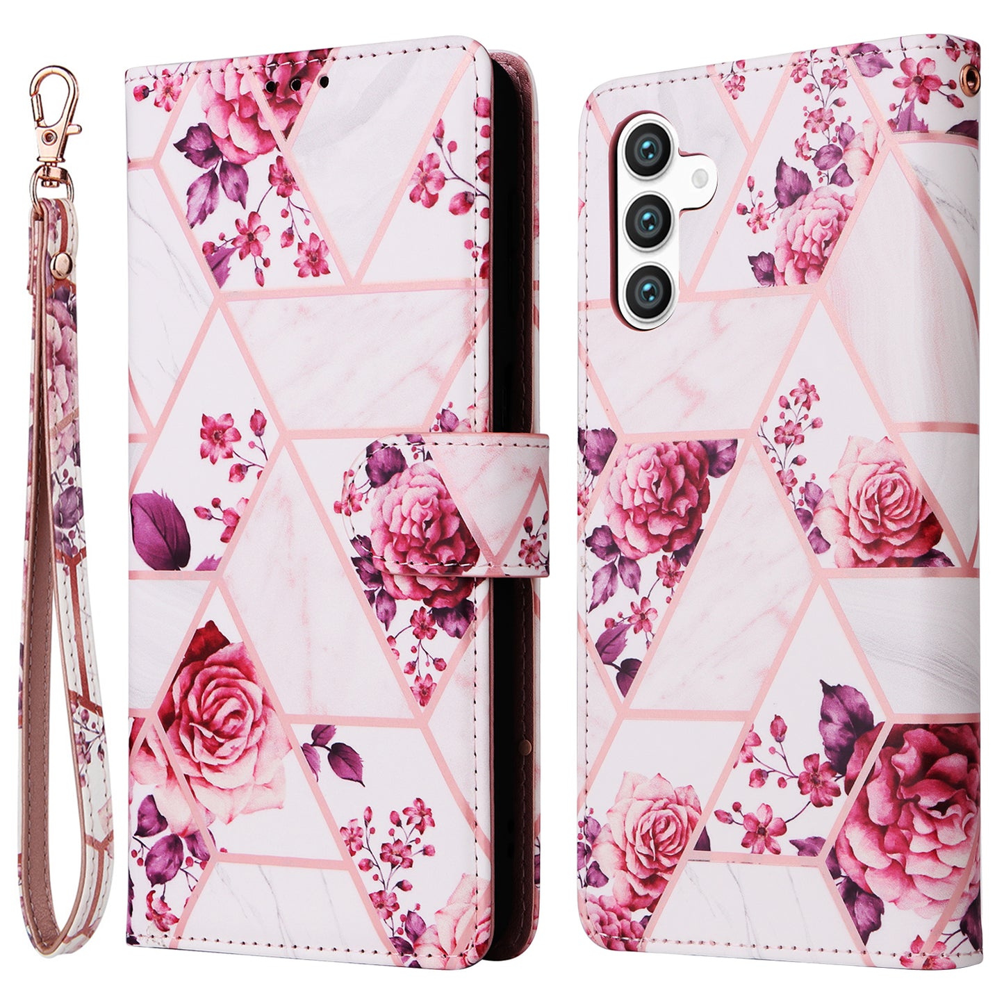 For Samsung Galaxy S24 Case PU Leather Marble Pattern Phone Wallet Cover - Rose Gold