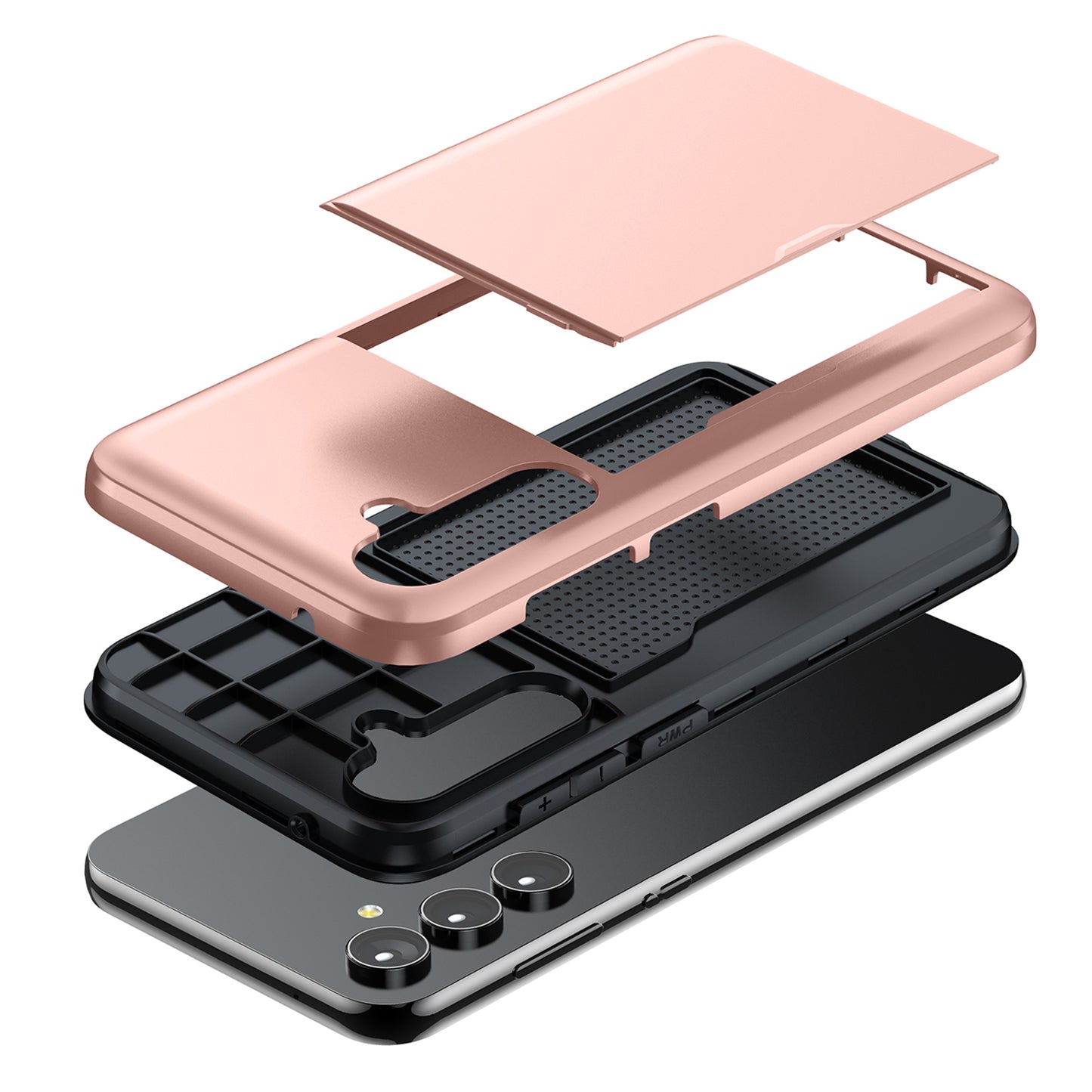 For Samsung Galaxy S24+ Case TPU + PC Phone Cover with Slide Card Holder - Rose Gold
