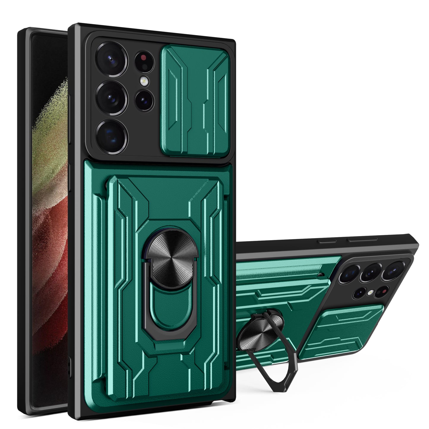 For Samsung Galaxy S24 Ultra Case Slide Lens Protection PC+TPU Phone Cover - Blackish Green