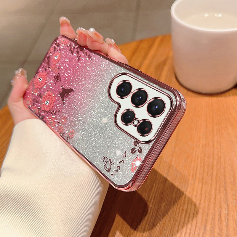For Samsung Galaxy S24 Ultra TPU Case Flower Pattern Glitter Phone Cover - Pink