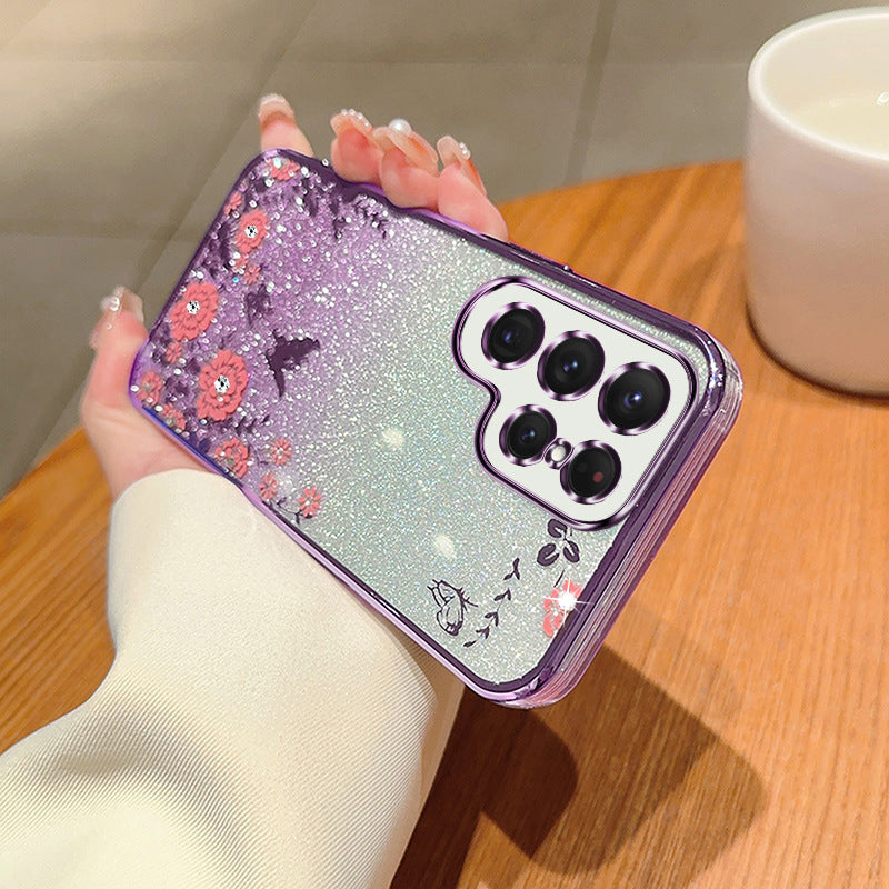 For Samsung Galaxy S24 Ultra TPU Case Flower Pattern Glitter Phone Cover - Purple