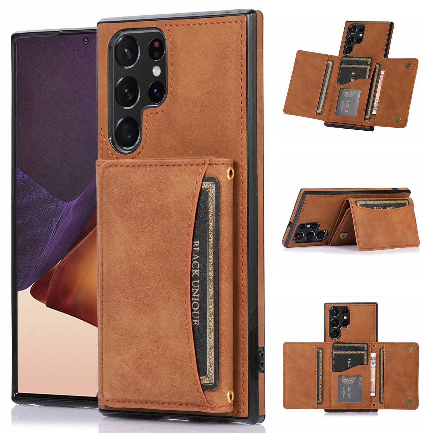For Samsung Galaxy S24 Ultra Case Tri-fold Wallet Phone Kickstand Cover - Brown