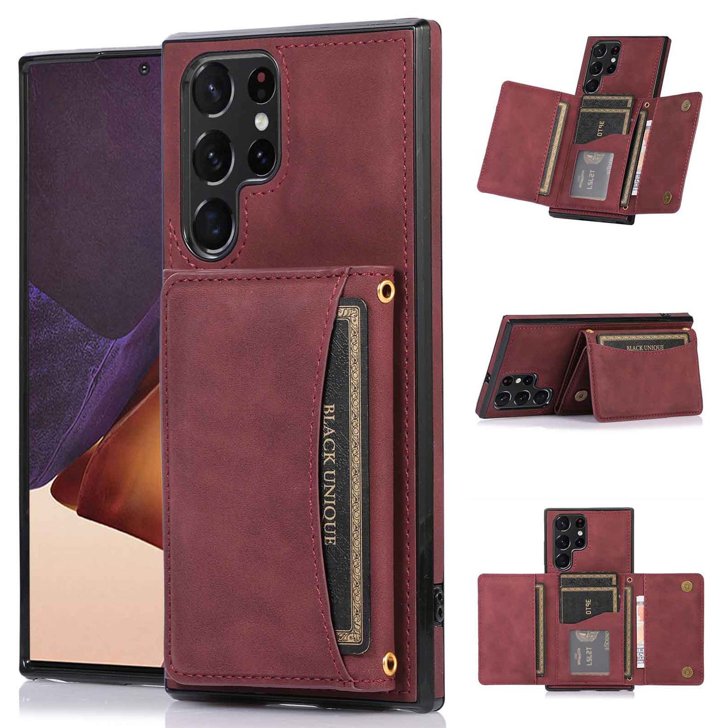 For Samsung Galaxy S24 Ultra Case Tri-fold Wallet Phone Kickstand Cover - Wine Red