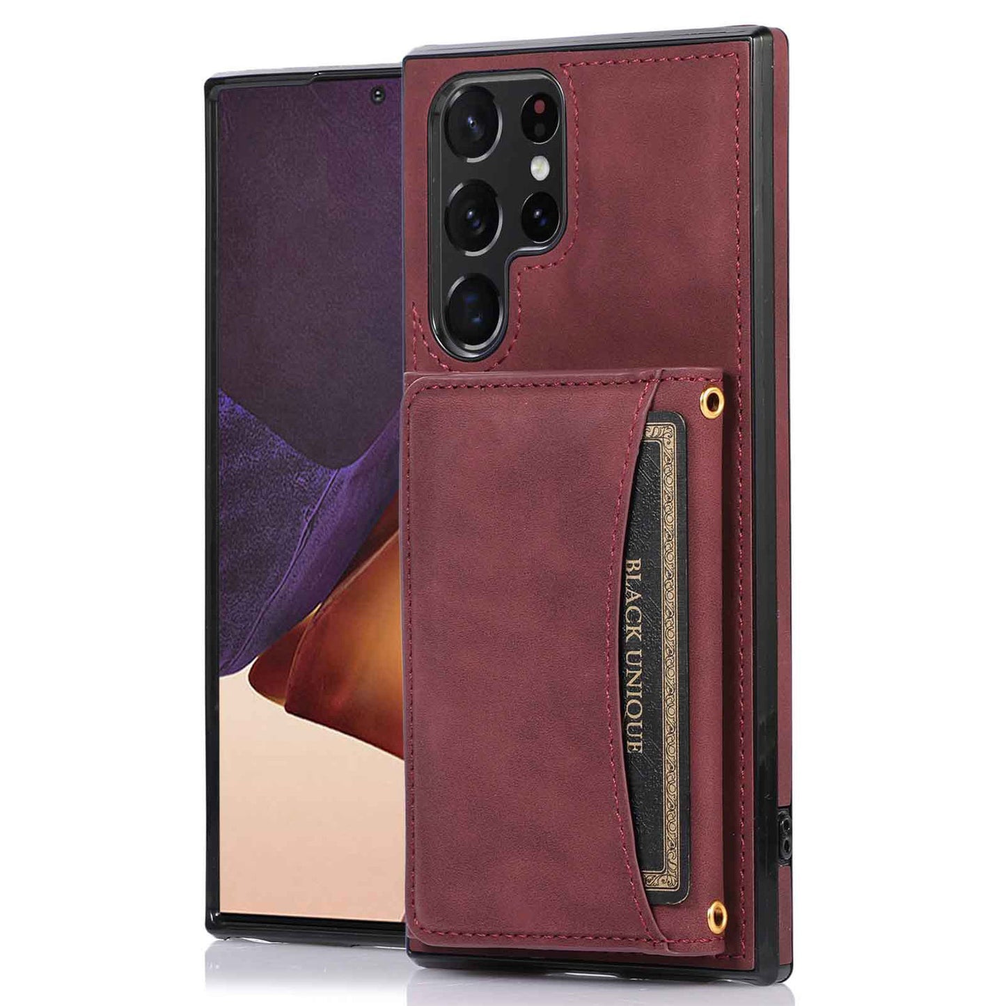 For Samsung Galaxy S24 Ultra Case Tri-fold Wallet Phone Kickstand Cover - Wine Red