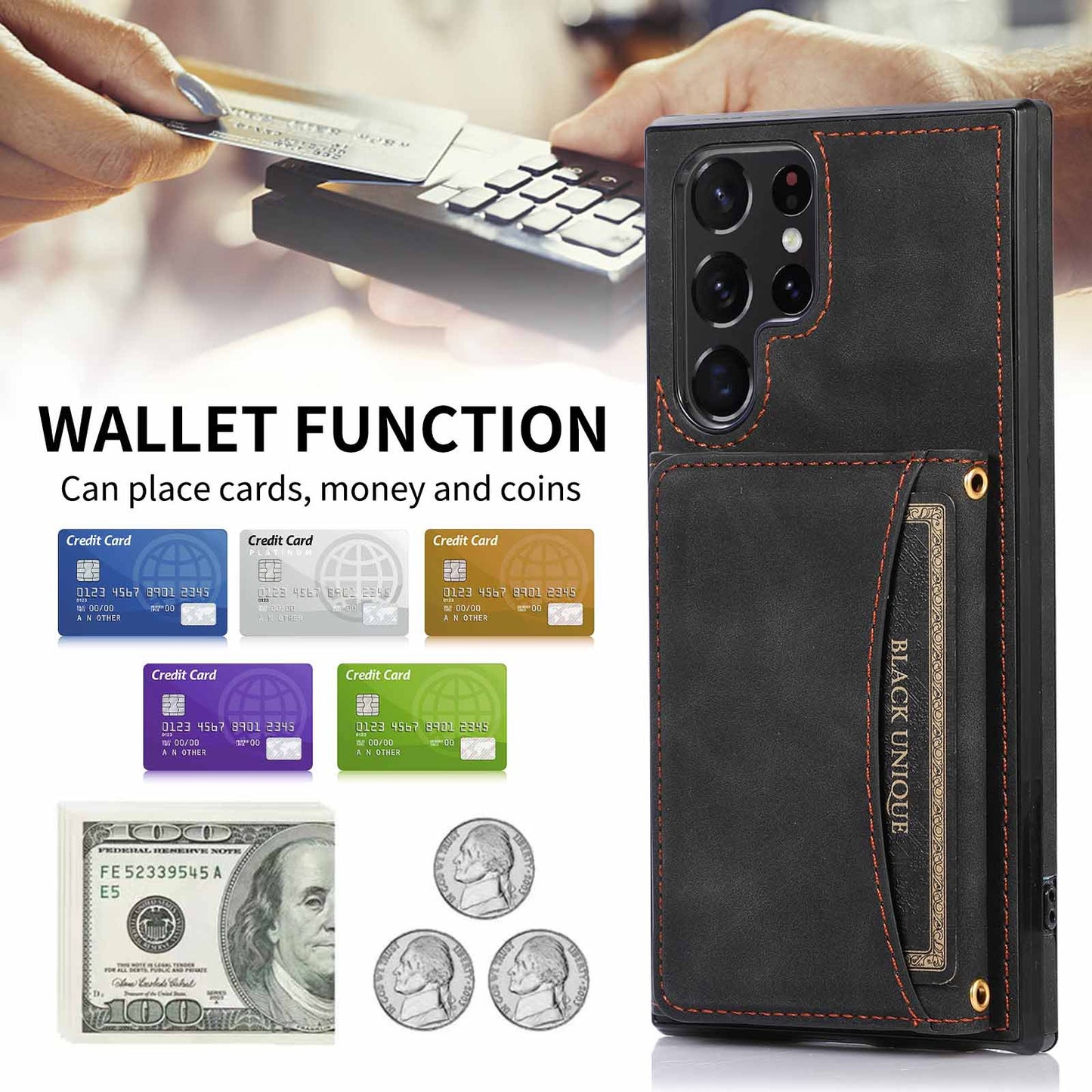 For Samsung Galaxy S24 Ultra Case Tri-fold Wallet Phone Kickstand Cover - Wine Red
