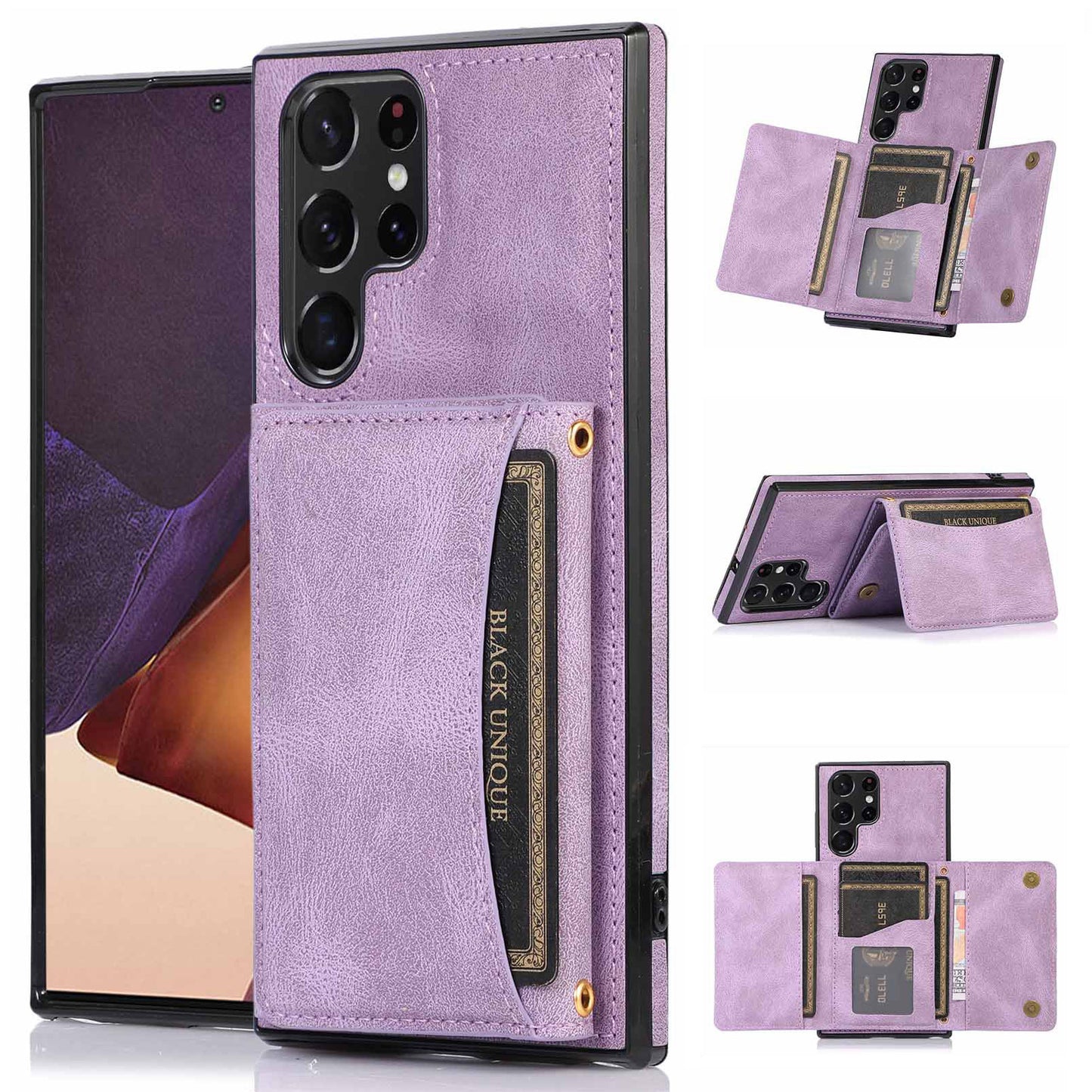 For Samsung Galaxy S24 Ultra Case Tri-fold Wallet Phone Kickstand Cover - Purple