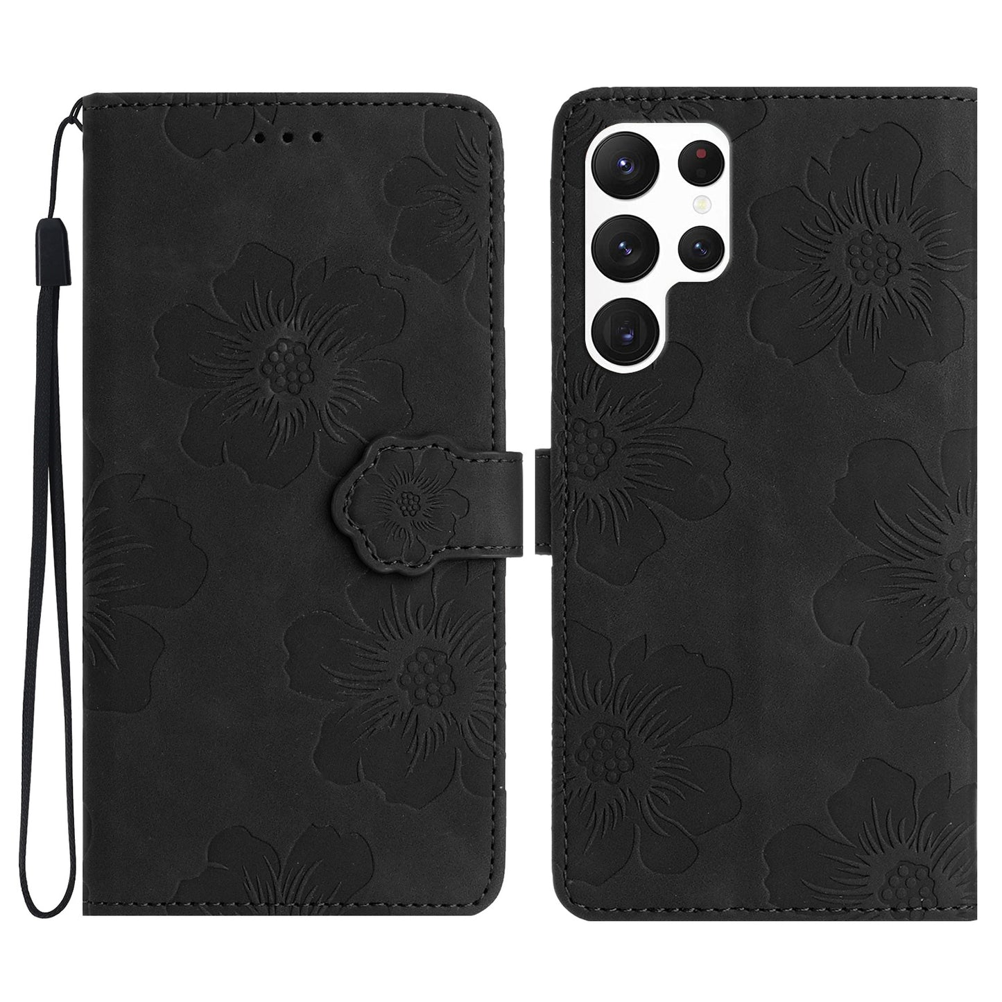 For Samsung Galaxy S24 Ultra Case Imprinted Stand Phone Shell PU Leather Wallet Cell Phone Cover - Black