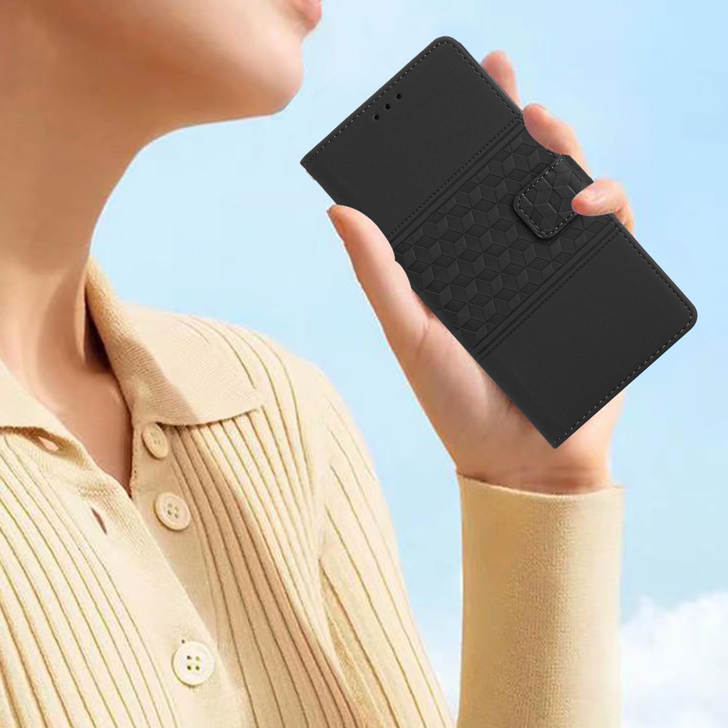 For Samsung Galaxy S24 Case Imprinted Rhombus Wallet Phone Cover - Black